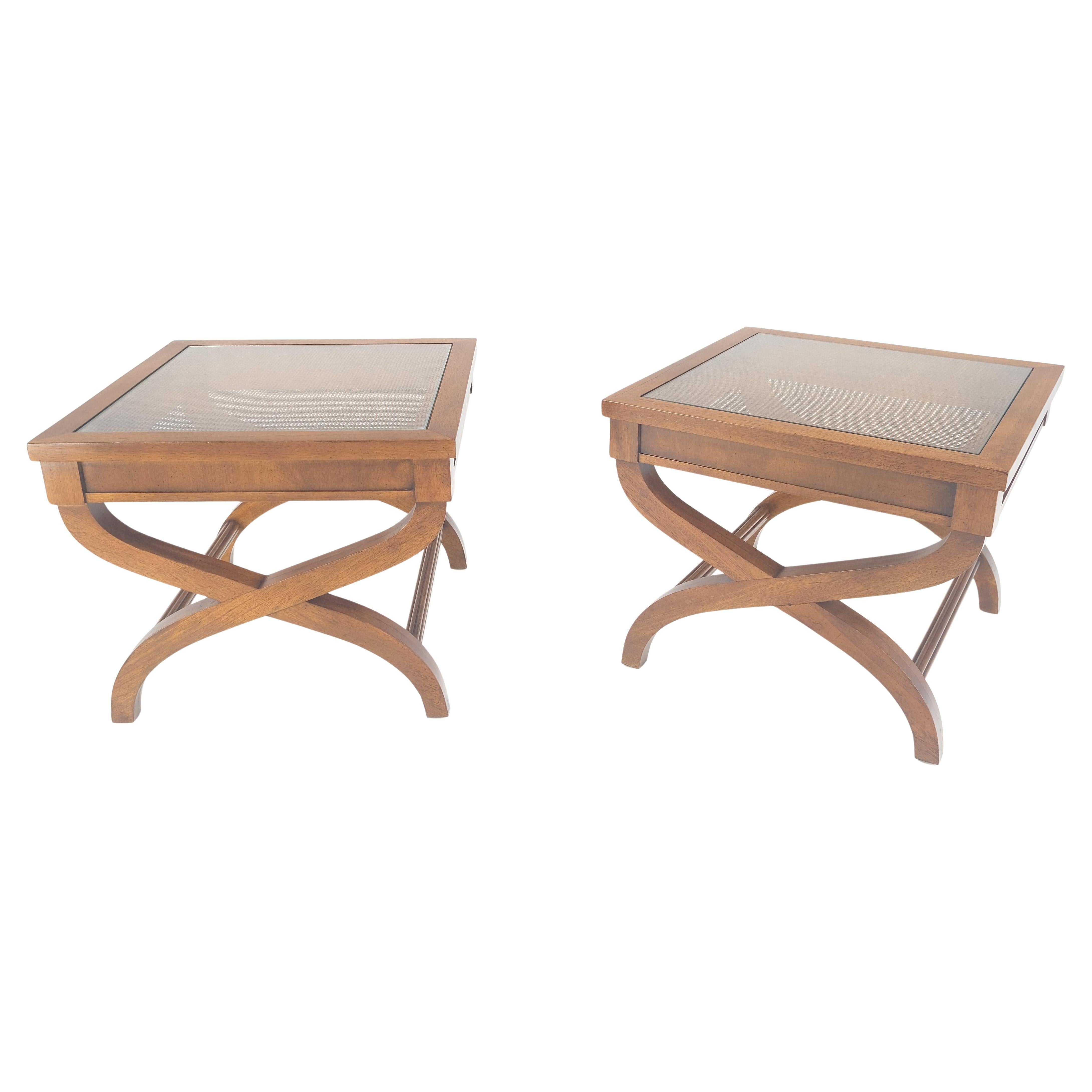 ¡Pareja de mesas auxiliares cuadradas con base en forma de X y tapa de cristal decorativo MINT!