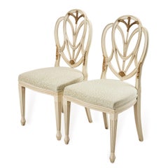 Pair Decorative Painted Hepplewhite Style Shield Back Chairs with Parcel Gilt