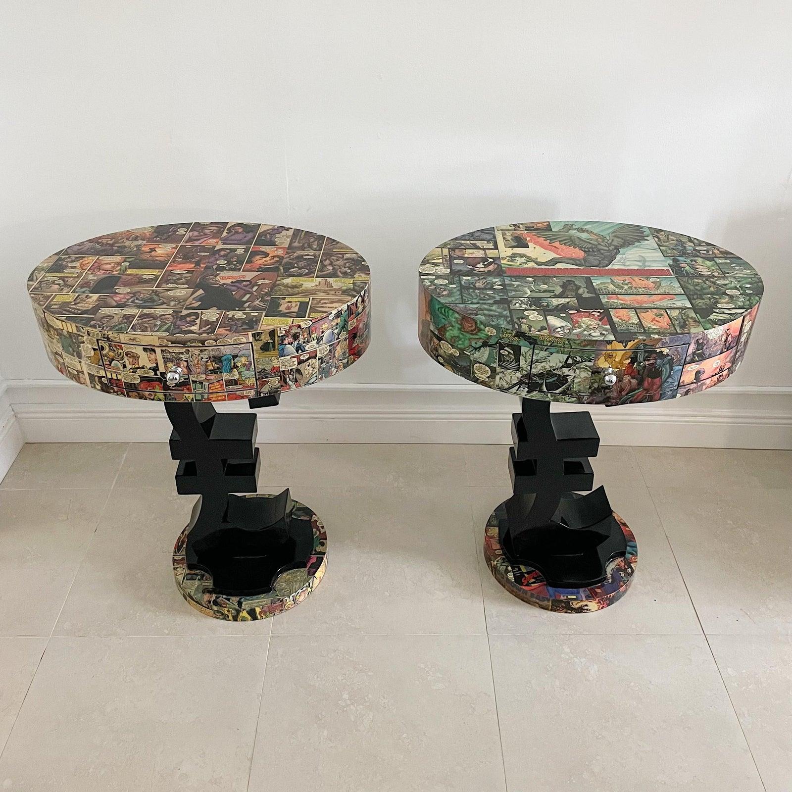 Pair of lacquered custom 1990's wood side tables with British pound sign and comic decoupage tops, An homager to Kurt Swan.
Douglas Curtis Swan (February 17, 1920 – June 17, 1996)[2] was an American comics artist. The artist most associated with