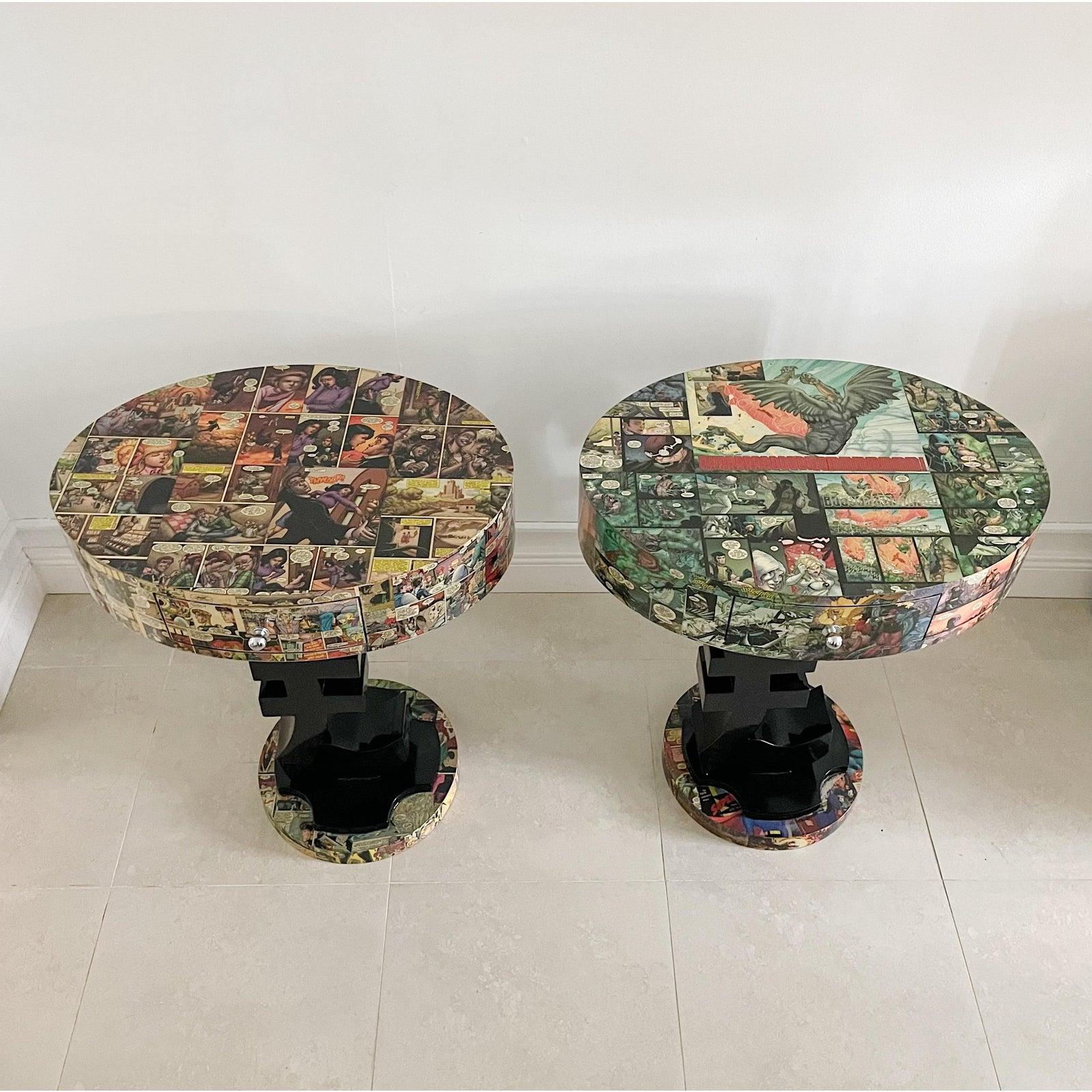 Mid-Century Modern Pair Decoupage Comic Lacqered £ Side End Tables Homage to Kurt Swan