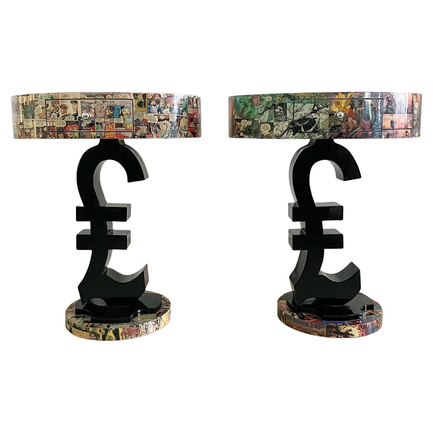 Pair Decoupage Comic Lacqered £ Side End Tables Homage to Kurt Swan