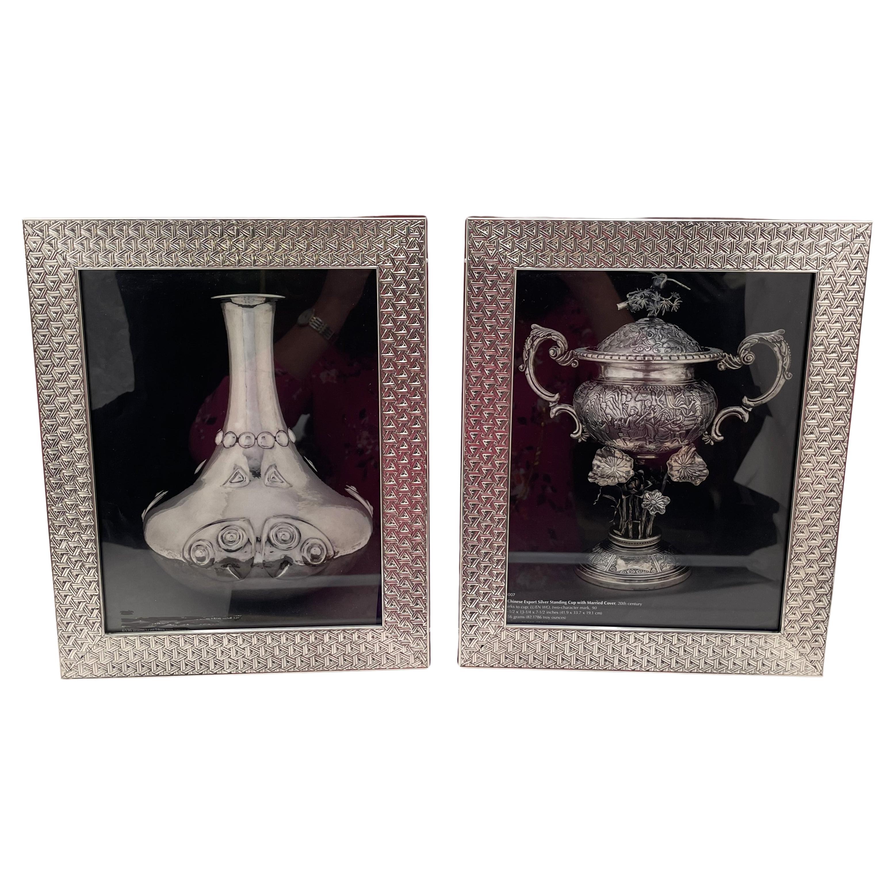 Pair Del Conte Sterling Silver Triangular Weave Style Picture Frames Wood Back For Sale