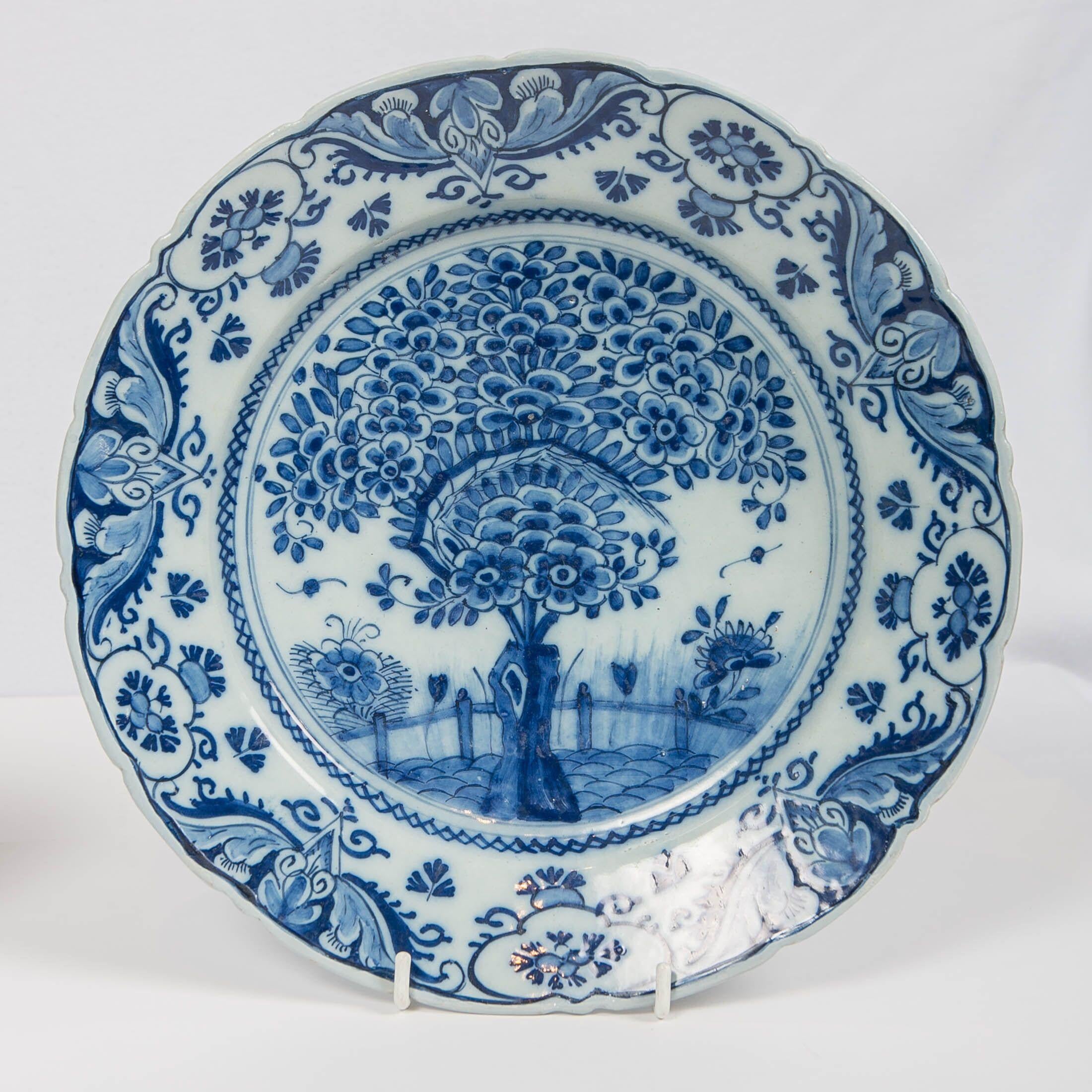 Rococo Pair of Delft Blue and White Chargers in the Theeboom Pattern Made circa 1770