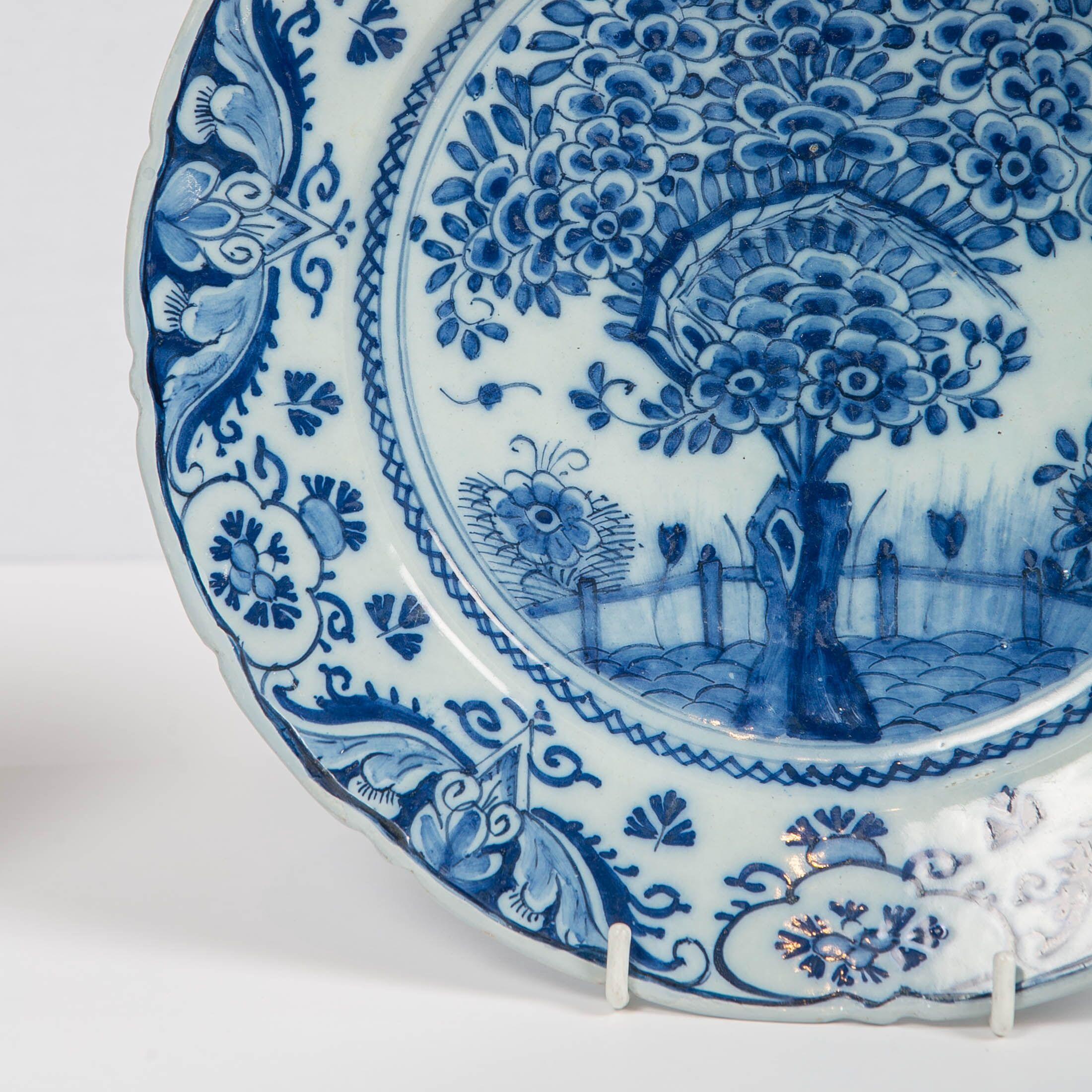 18th Century Pair of Delft Blue and White Chargers in the Theeboom Pattern Made circa 1770