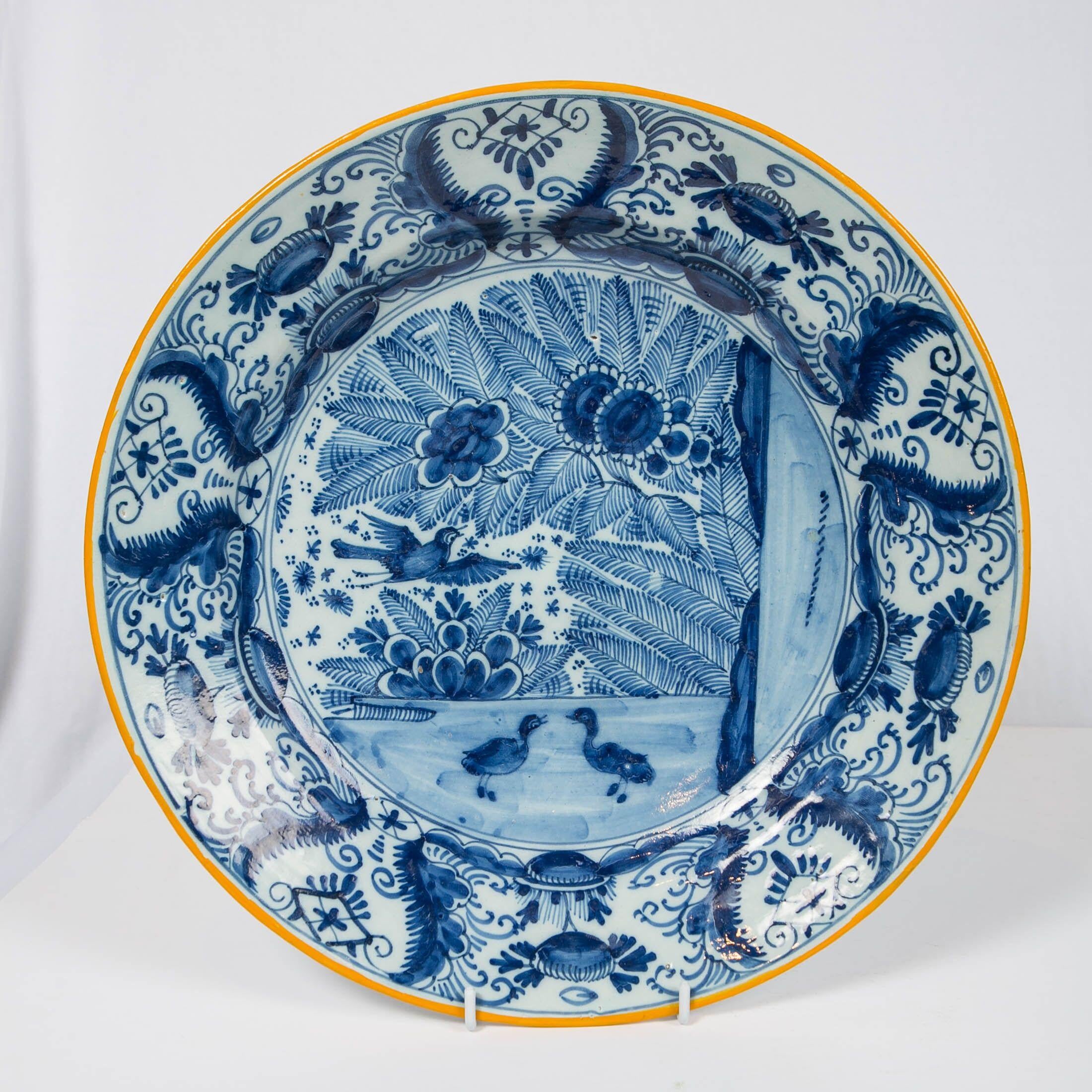 Hand-Painted Pair of Delft Blue and White Chargers Made circa 1785