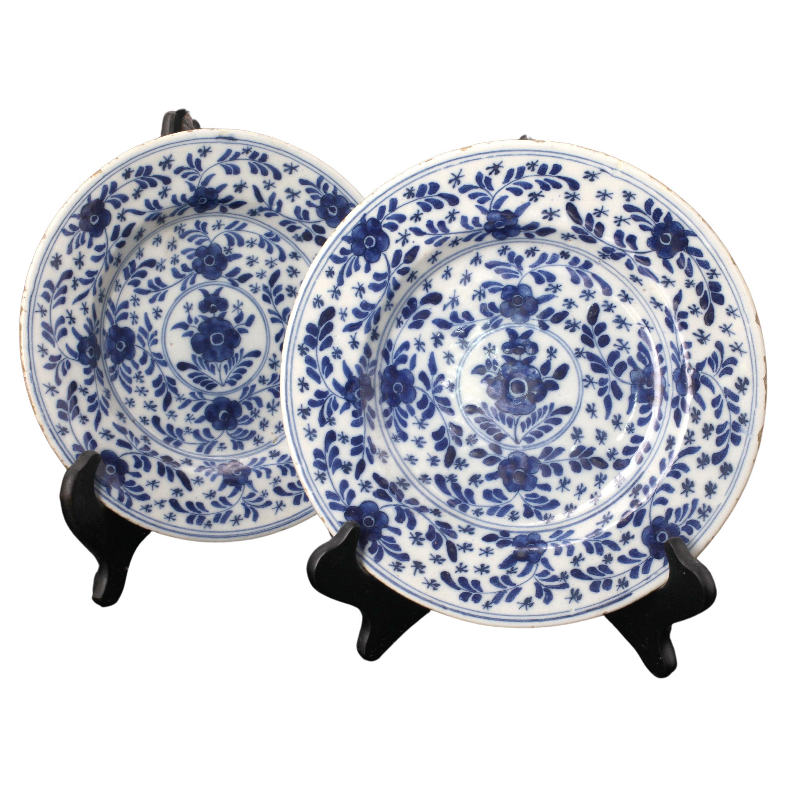 Pair Delft Blue & White Faience Plates, Late 18th C For Sale