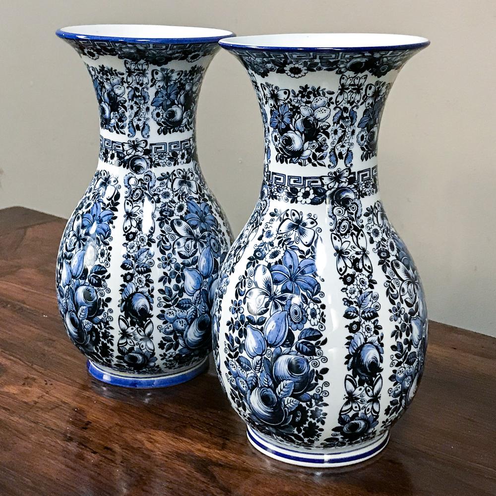Romantic Pair of Delft Vases, 19th Century Blue and White