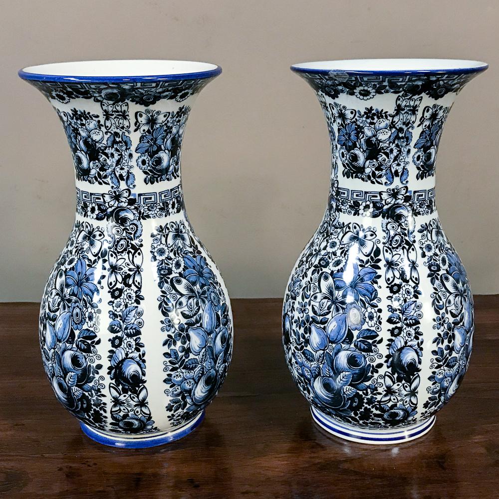 Dutch Pair of Delft Vases, 19th Century Blue and White