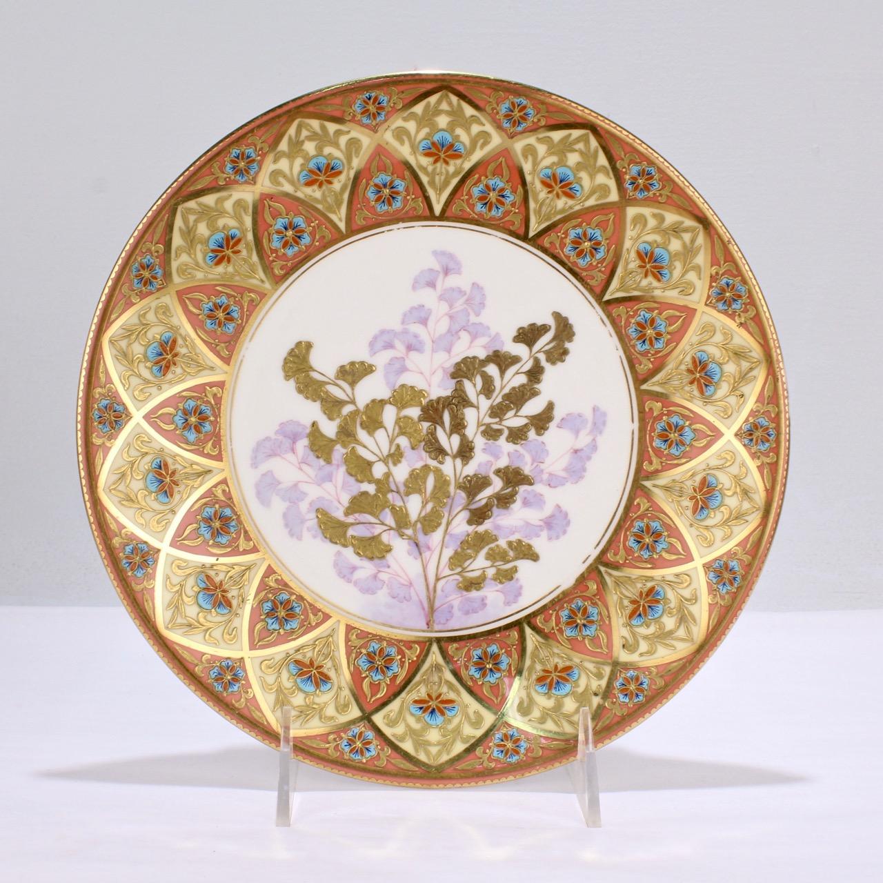 Aesthetic Movement Derby Porcelain Aesthetic Period Gilt and Enameled Botanical Cabinet Plate Pair For Sale