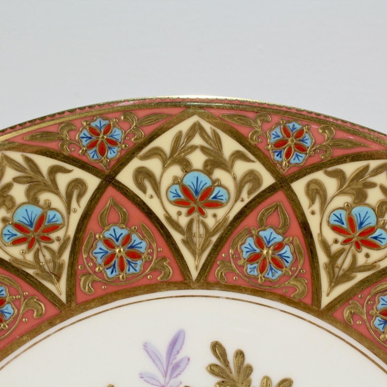 Derby Porcelain Aesthetic Period Gilt and Enameled Botanical Cabinet Plate Pair For Sale 1