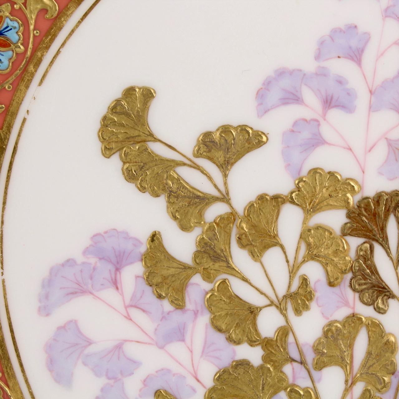 Derby Porcelain Aesthetic Period Gilt and Enameled Botanical Cabinet Plate Pair For Sale 2