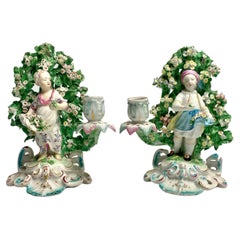 Antique Pair Derby Porcelain Bocage Candlesticks, C. 1765