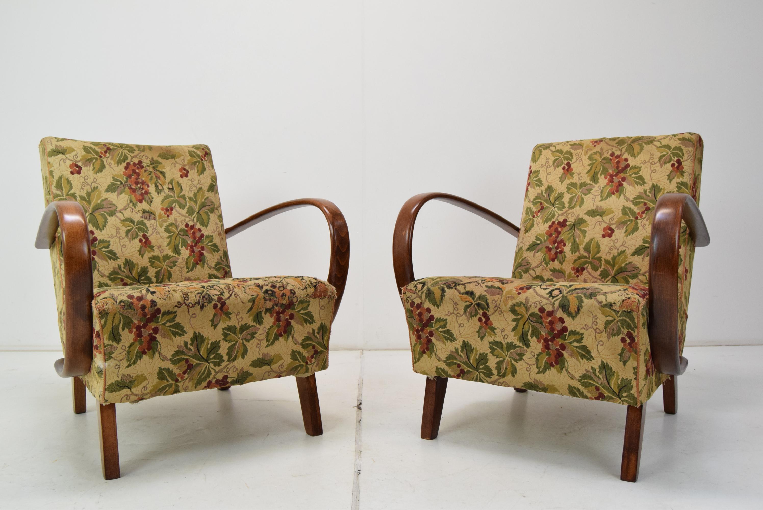 Pair Design Armchairs by Jindrich Halabala, type H-410, 1950's.  In Fair Condition For Sale In Praha, CZ