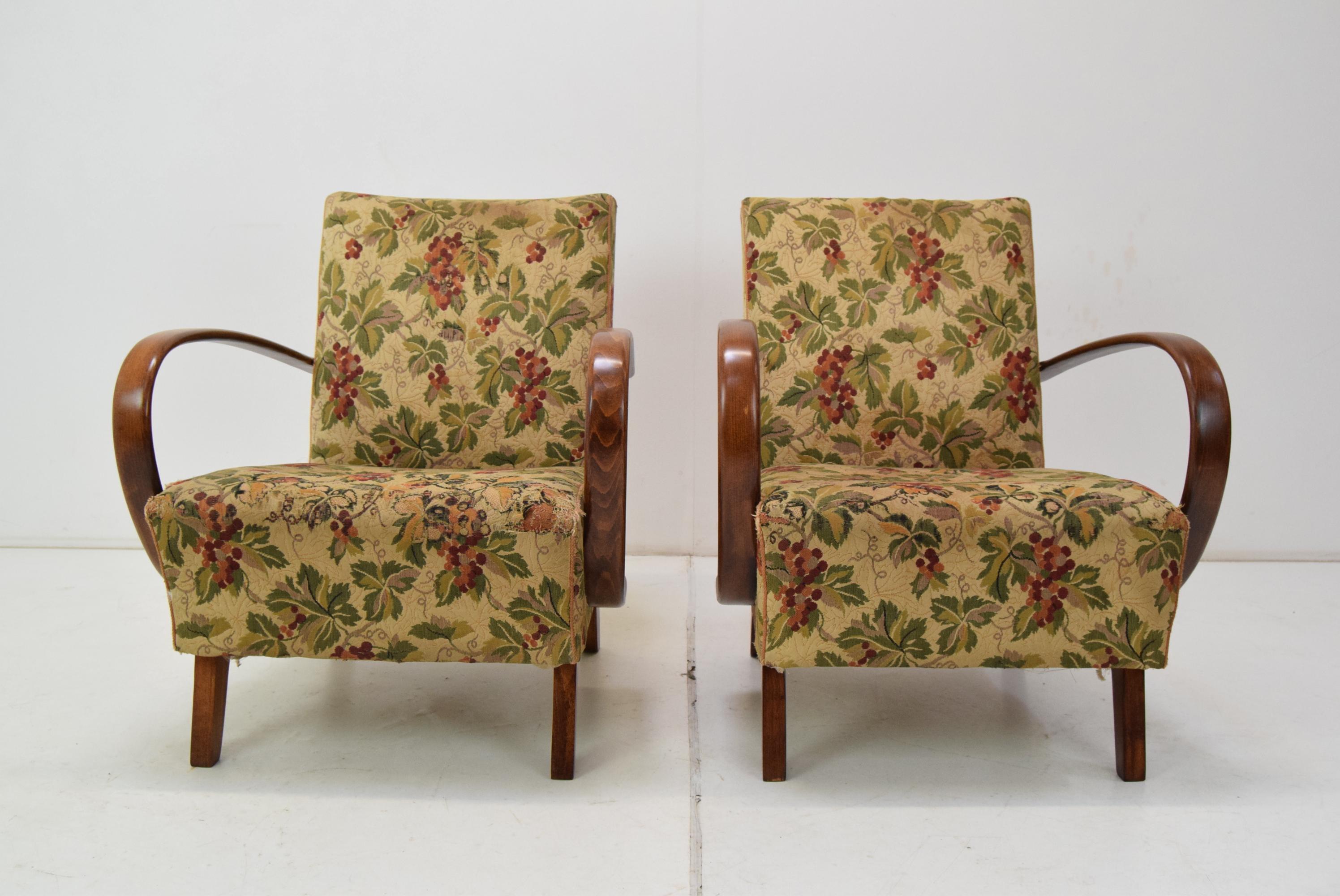 Fabric Pair Design Armchairs by Jindrich Halabala, type H-410, 1950's.  For Sale