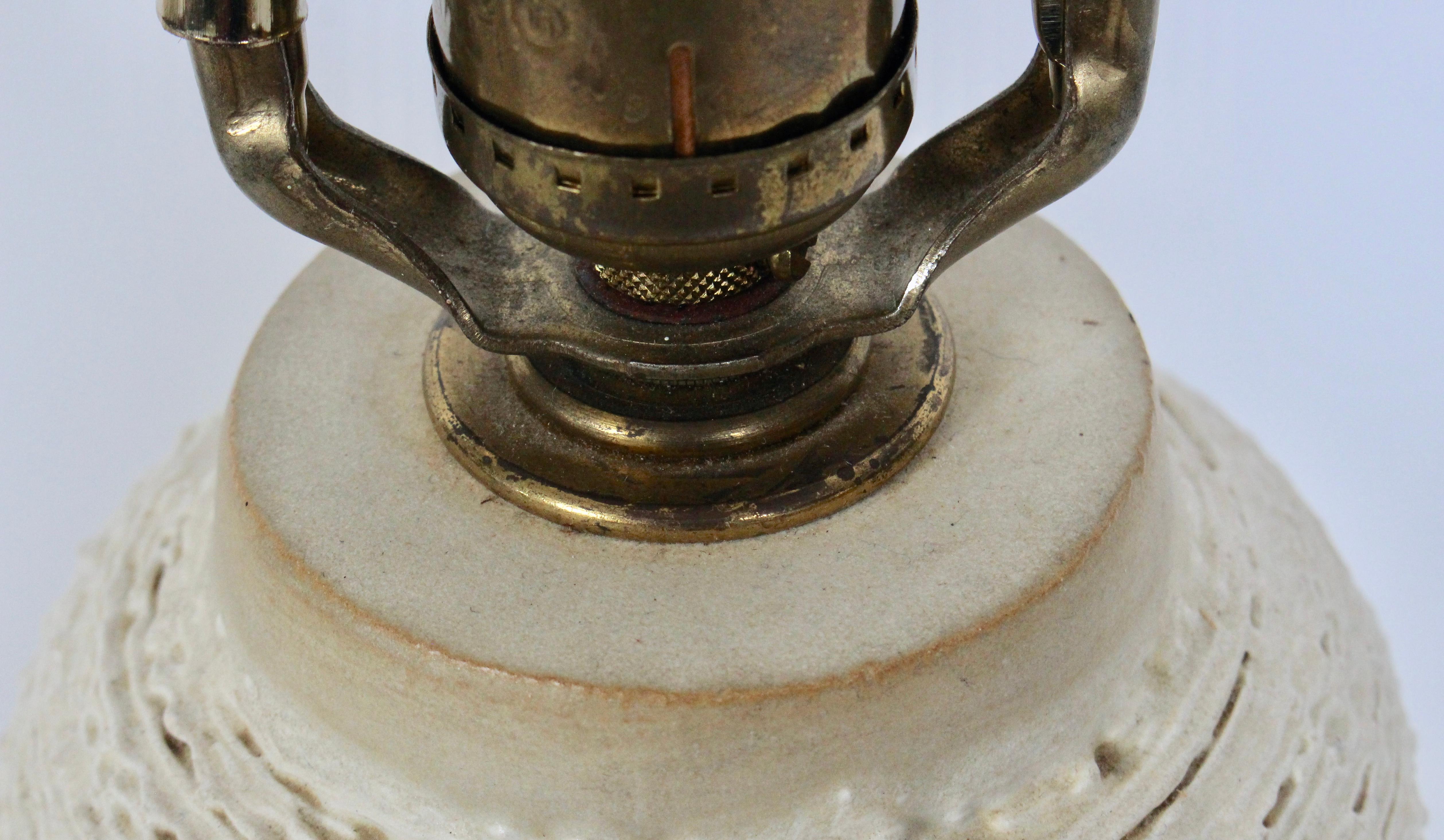 Pair Design Technics Oatmeal Stipple Glazed Pottery Table Lamps, 1950s 3
