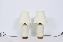 Pair Design Technics Oatmeal Stipple Glazed Pottery Table Lamps, 1950s