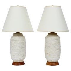 Pair Design Technics Oatmeal Stipple Glazed Pottery Table Lamps, 1950s