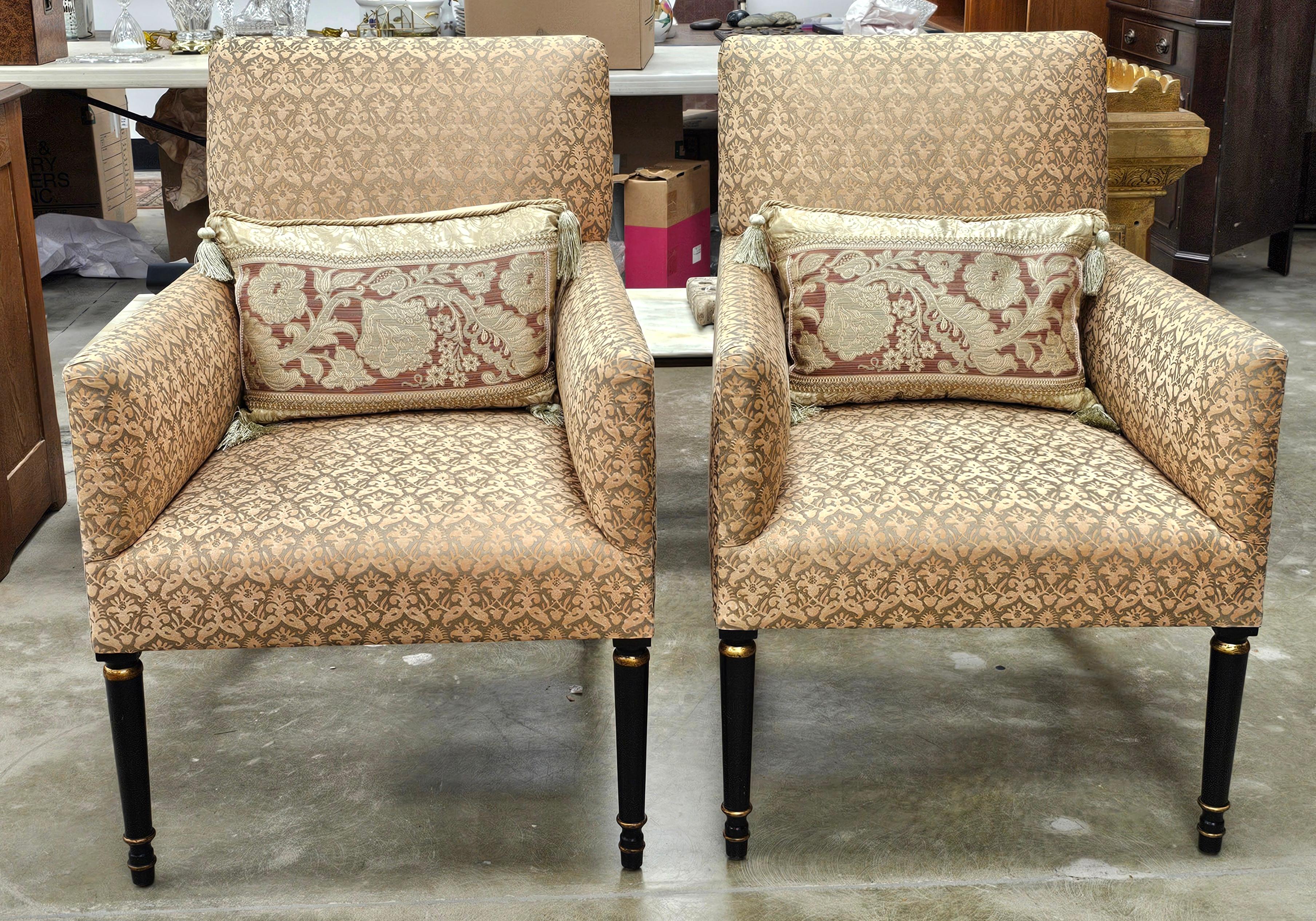 Pair Dessin Fournir Partial Gilt, Ebonized Wood and Upholstered Lounge Chairs For Sale 2