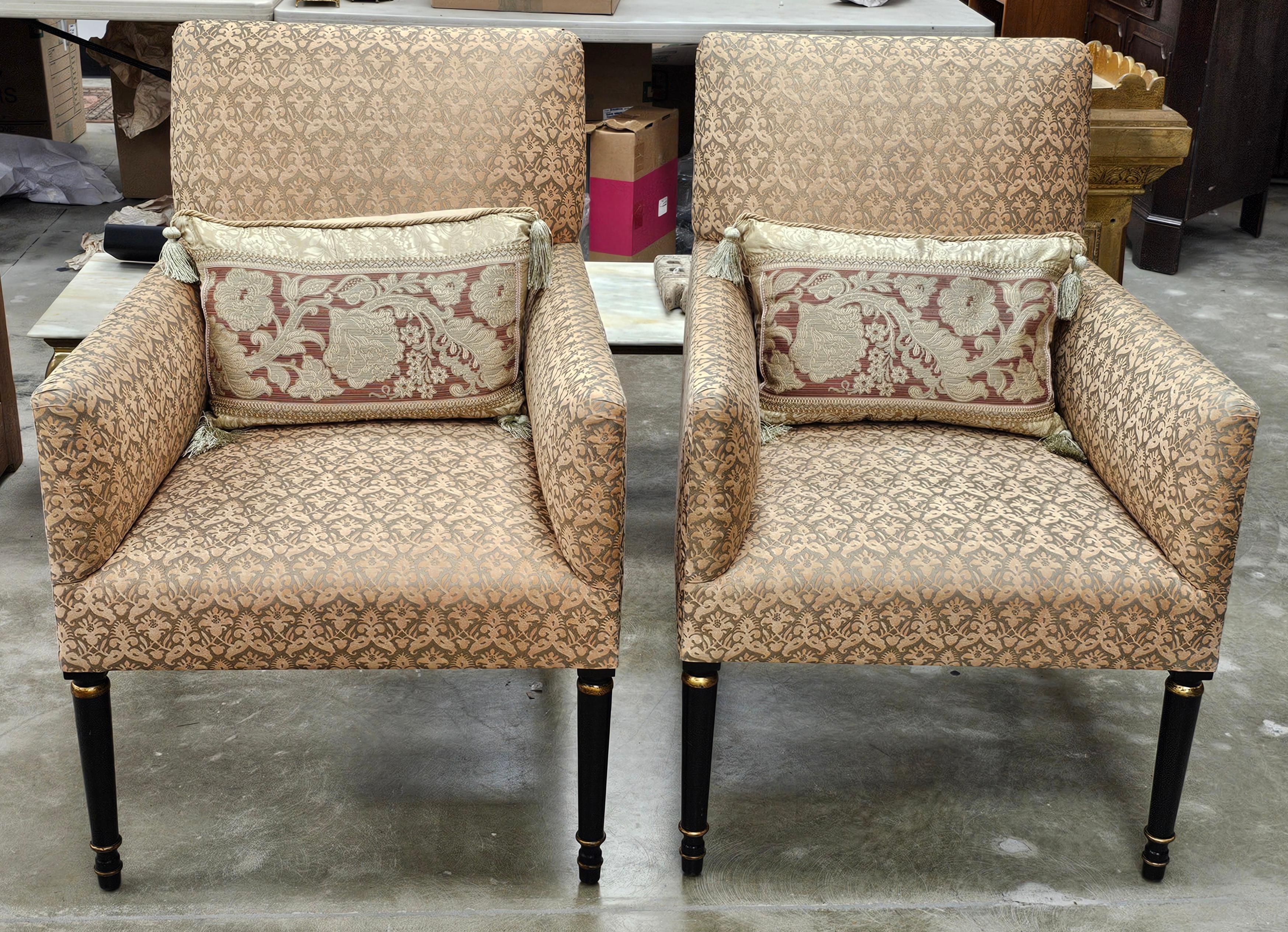 A Pair of Dessin Furniture Partial Gilt, Ebonized Wood and Recently Re-upholstered Lounge Chairs. Come with a paitr of designer pillows as showned.
Measures 26.25