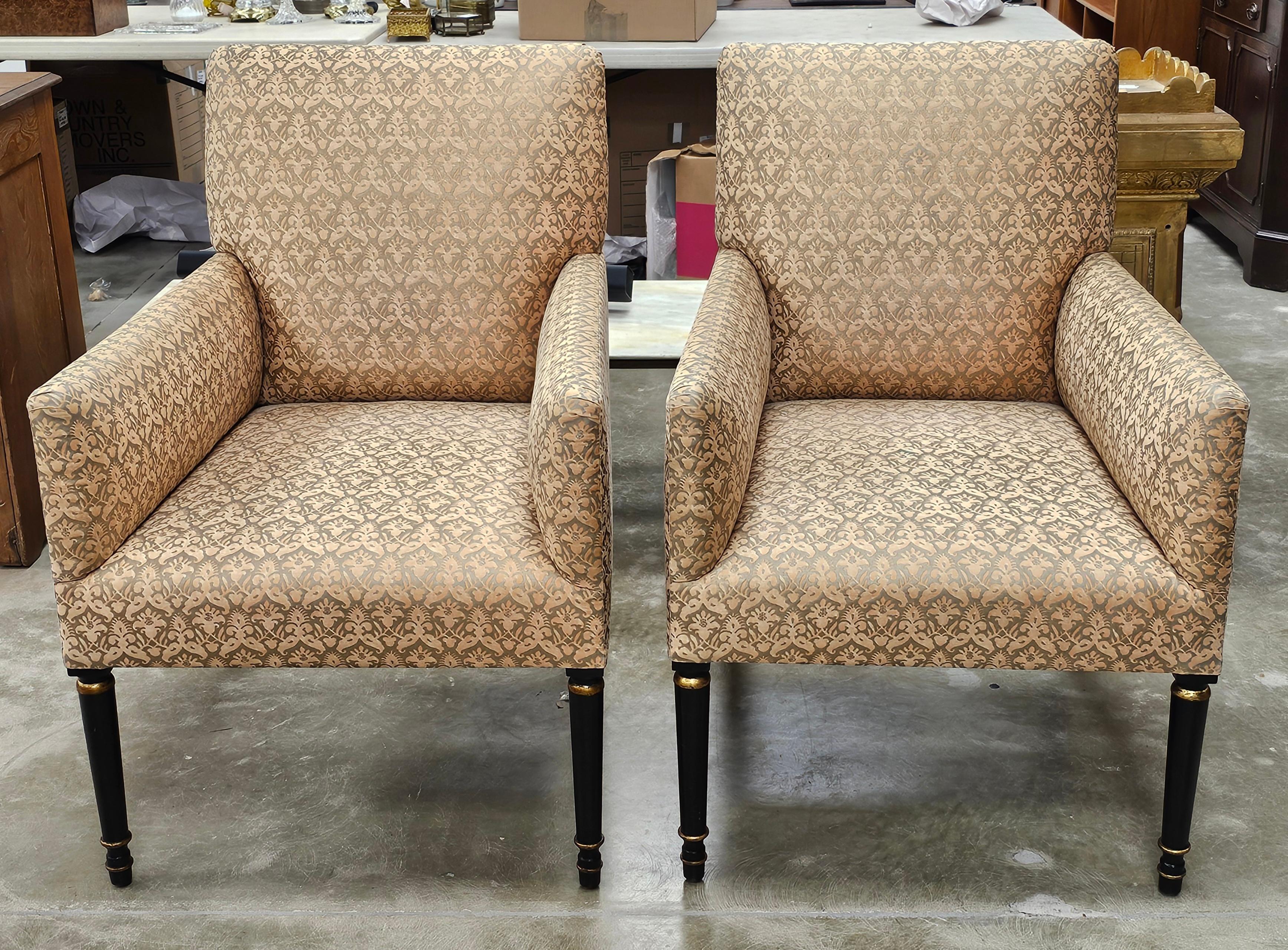 Regency Pair Dessin Fournir Partial Gilt, Ebonized Wood and Upholstered Lounge Chairs For Sale