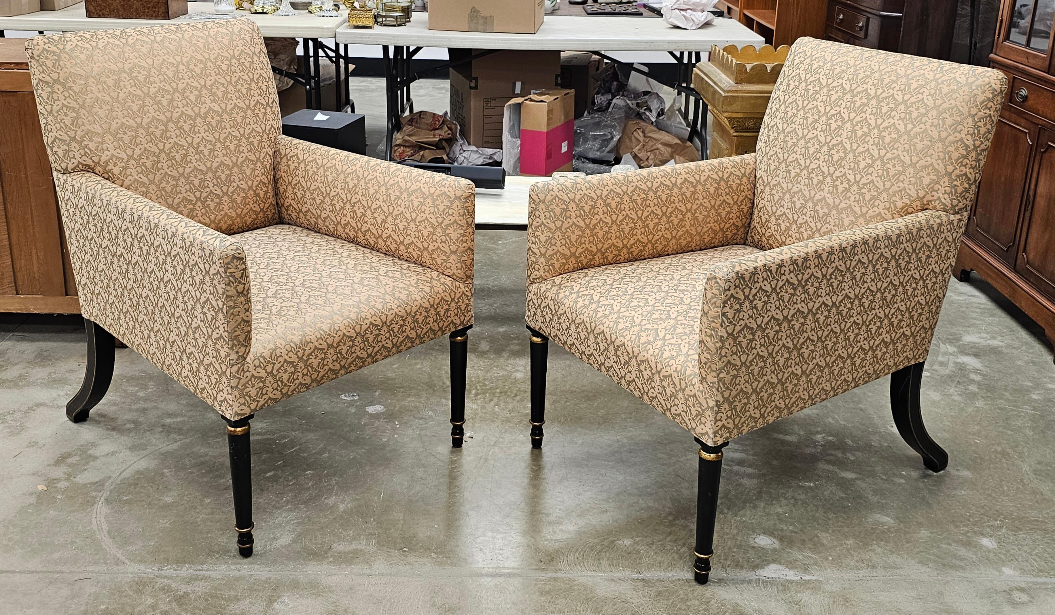 Carved Pair Dessin Fournir Partial Gilt, Ebonized Wood and Upholstered Lounge Chairs For Sale