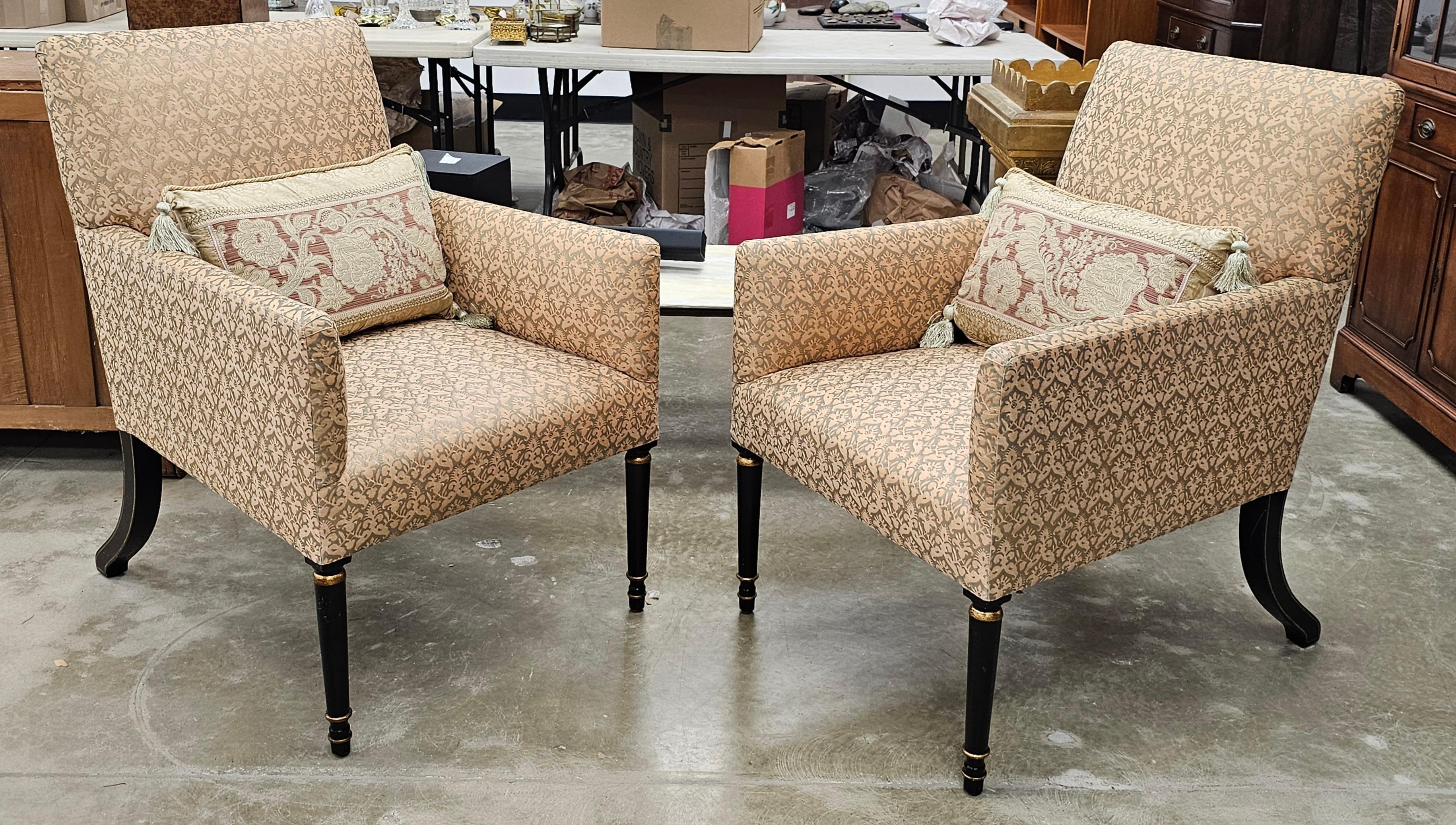 Pair Dessin Fournir Partial Gilt, Ebonized Wood and Upholstered Lounge Chairs In Good Condition For Sale In Germantown, MD