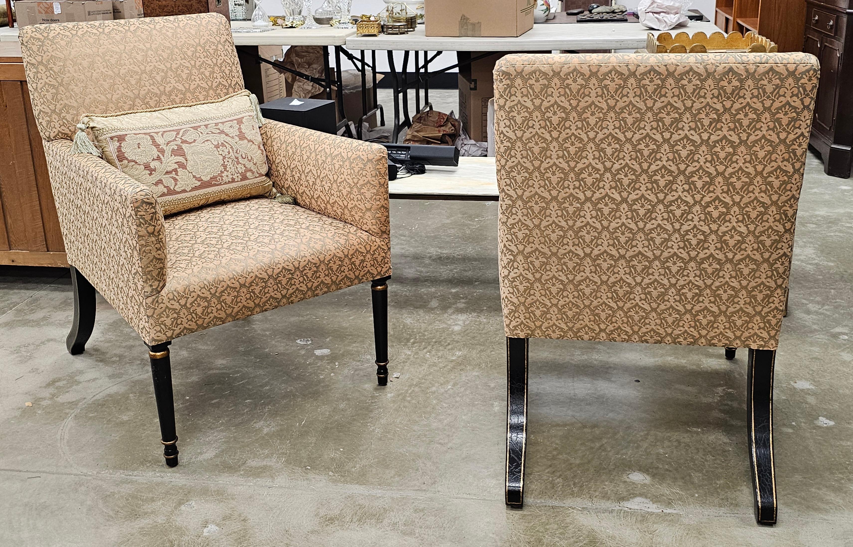 Contemporary Pair Dessin Fournir Partial Gilt, Ebonized Wood and Upholstered Lounge Chairs For Sale