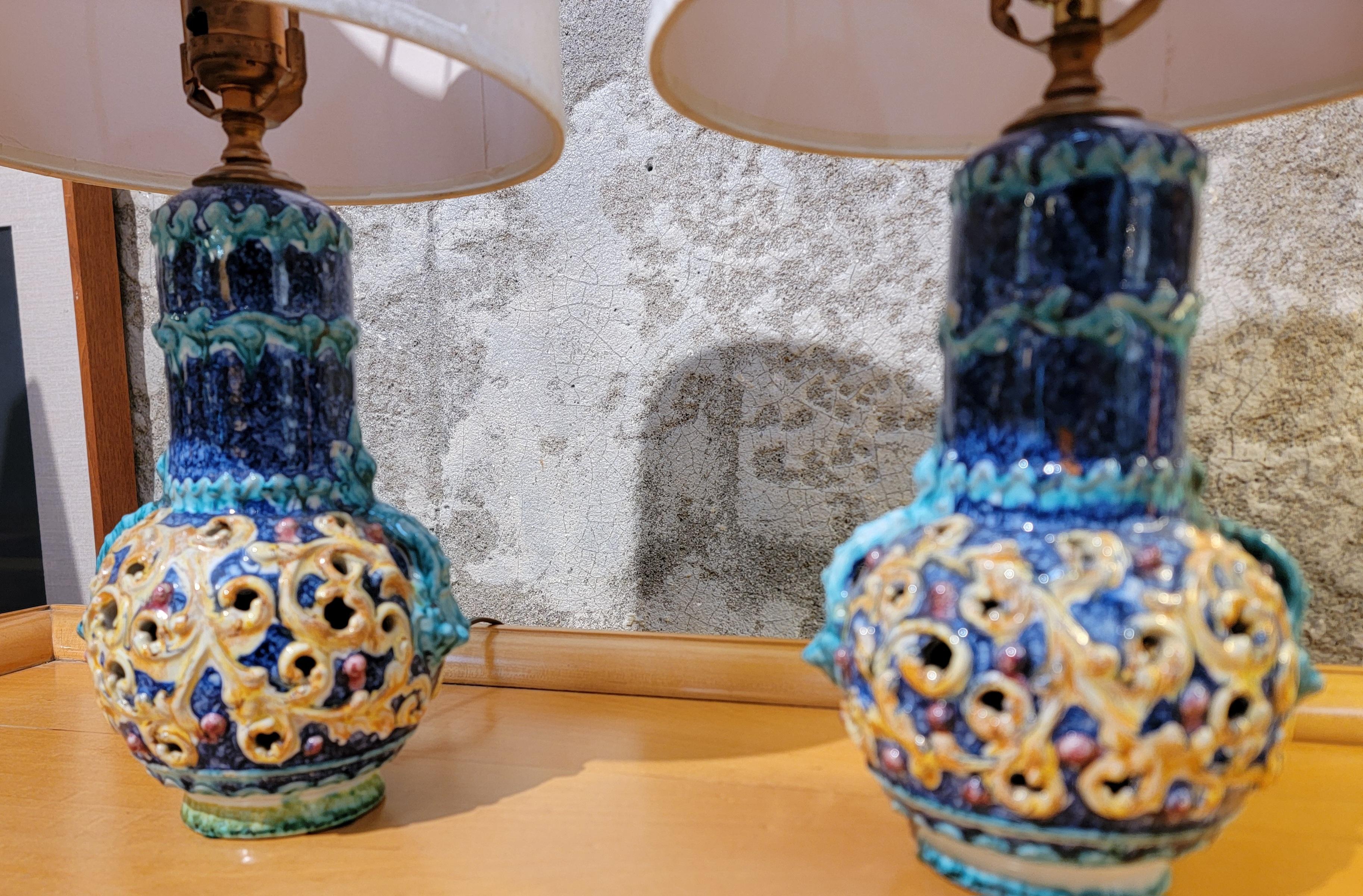 Pair Diminutive Ceramic Lamps with Shades Manner of Capodimonte 4