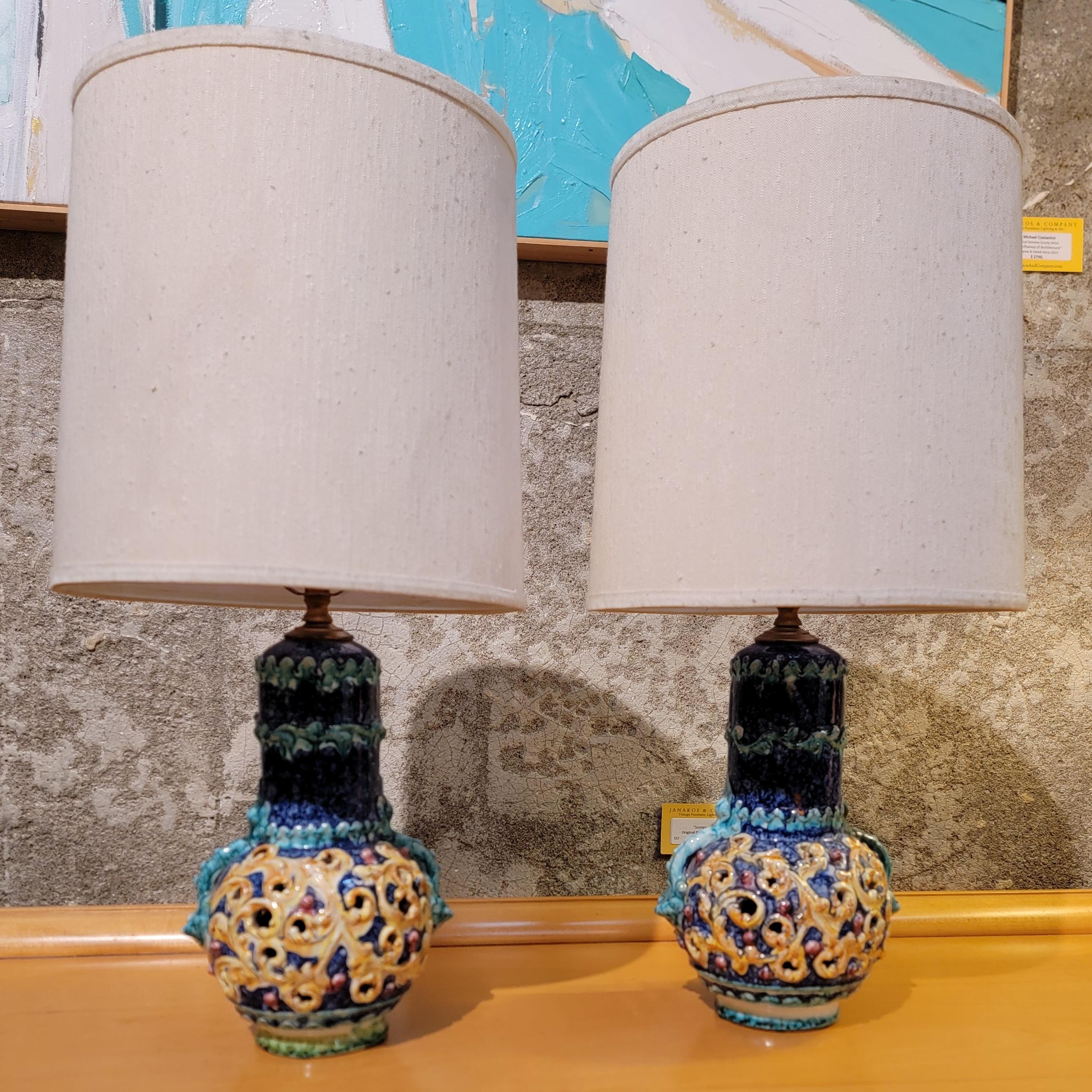 Pair Diminutive Ceramic Lamps with Shades Manner of Capodimonte 5
