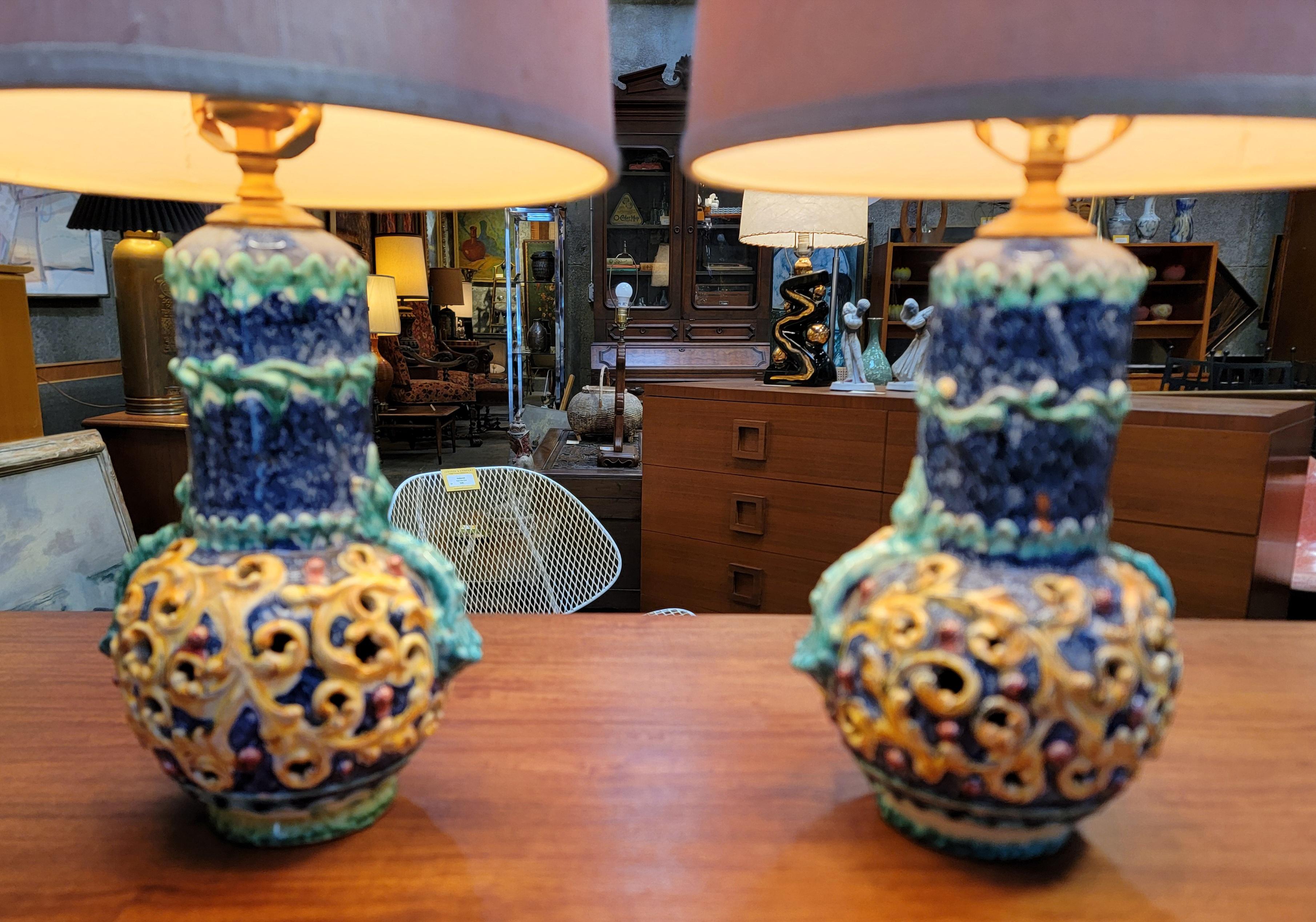 20th Century Pair Diminutive Ceramic Lamps with Shades Manner of Capodimonte