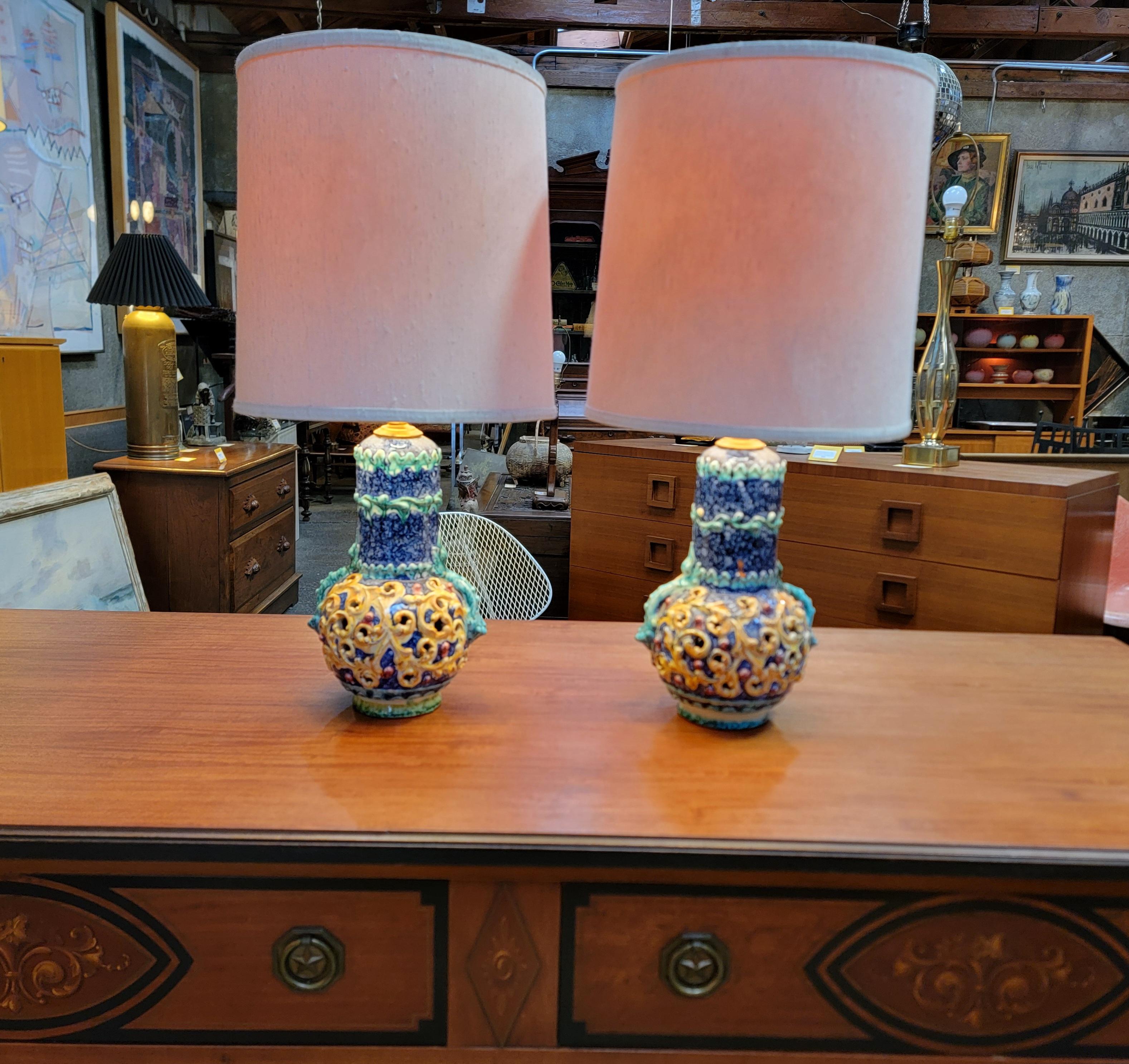 Pair Diminutive Ceramic Lamps with Shades Manner of Capodimonte 1
