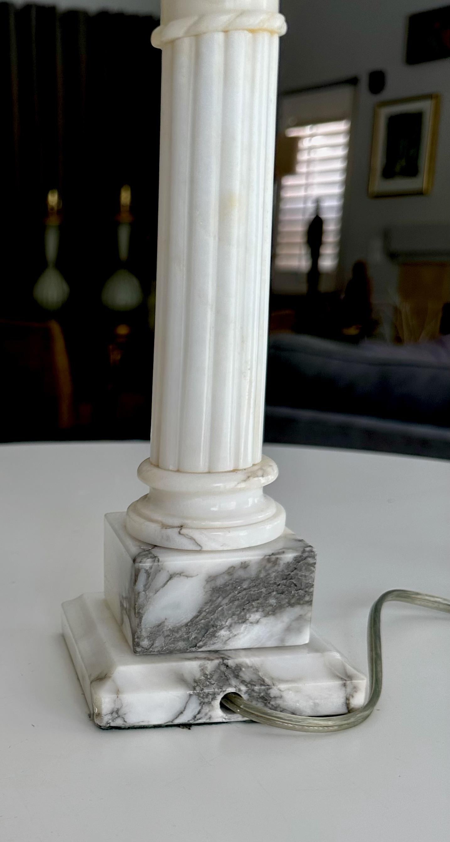 Pair Diminutive Column Neoclassic Alabaster Table Lamps For Sale 3