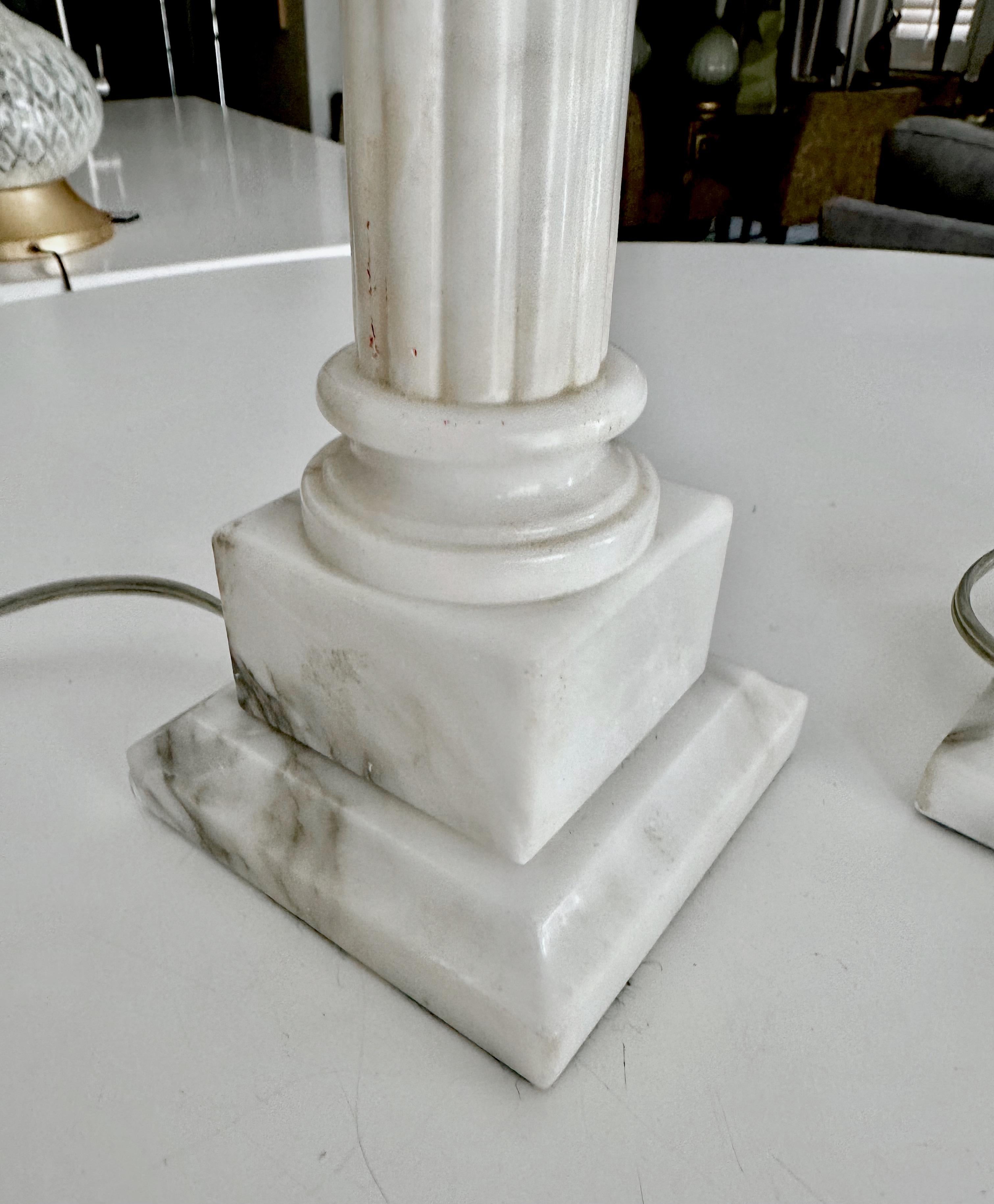Pair Diminutive Column Neoclassic Alabaster Table Lamps For Sale 5