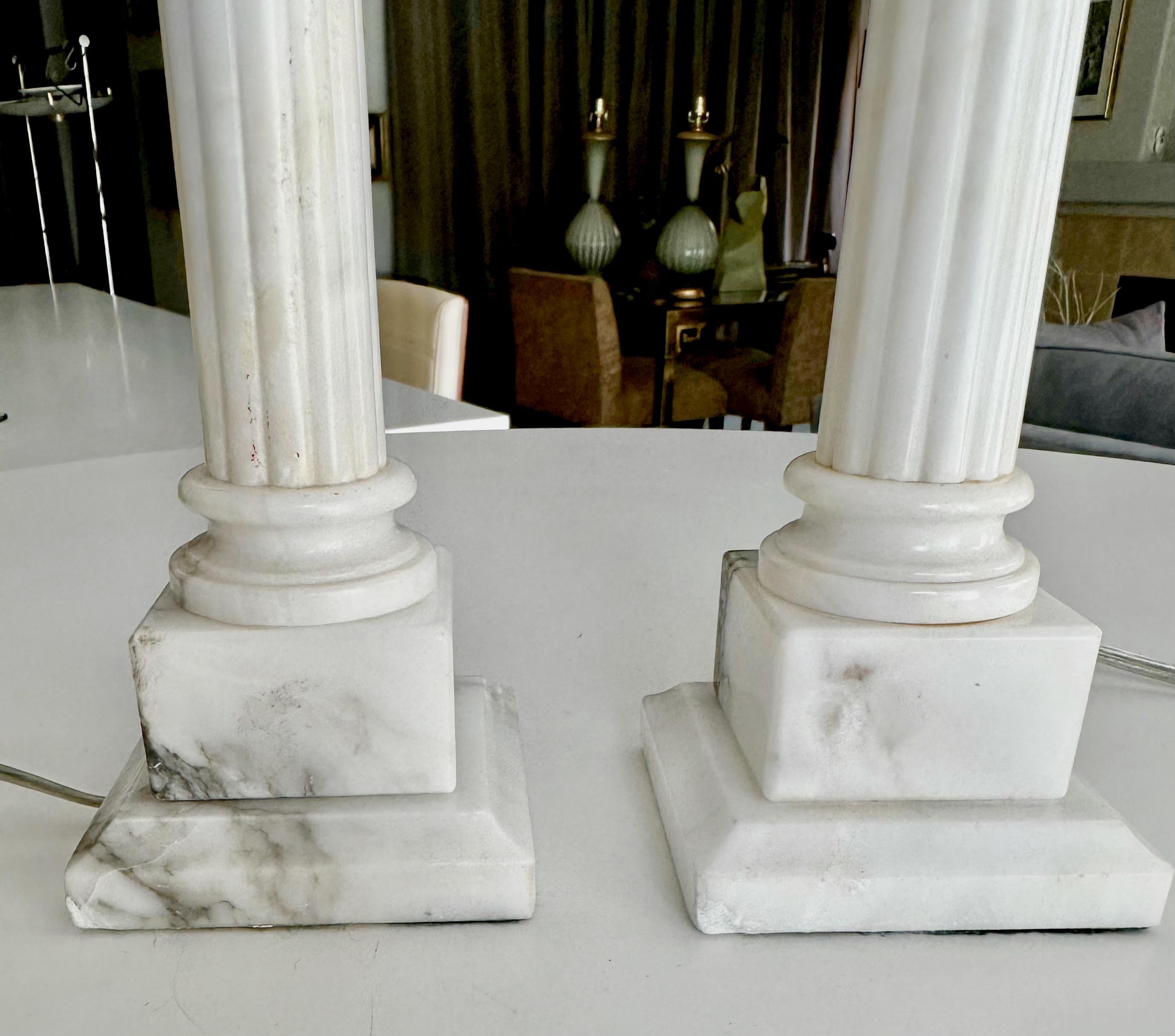 Pair Diminutive Column Neoclassic Alabaster Table Lamps For Sale 8