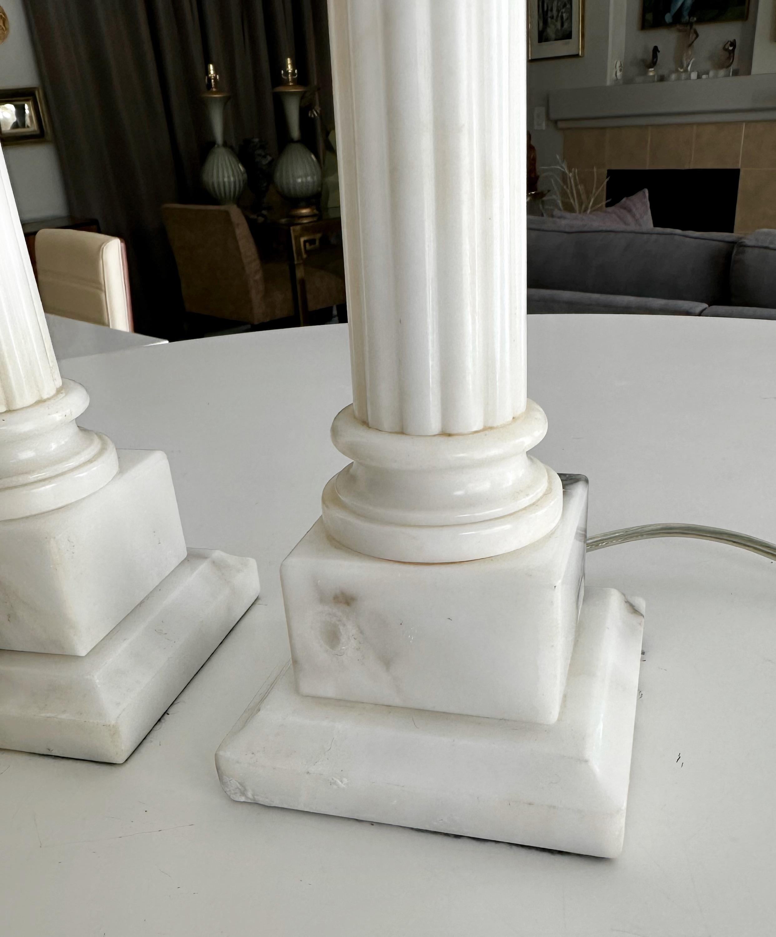 Pair Diminutive Column Neoclassic Alabaster Table Lamps For Sale 9