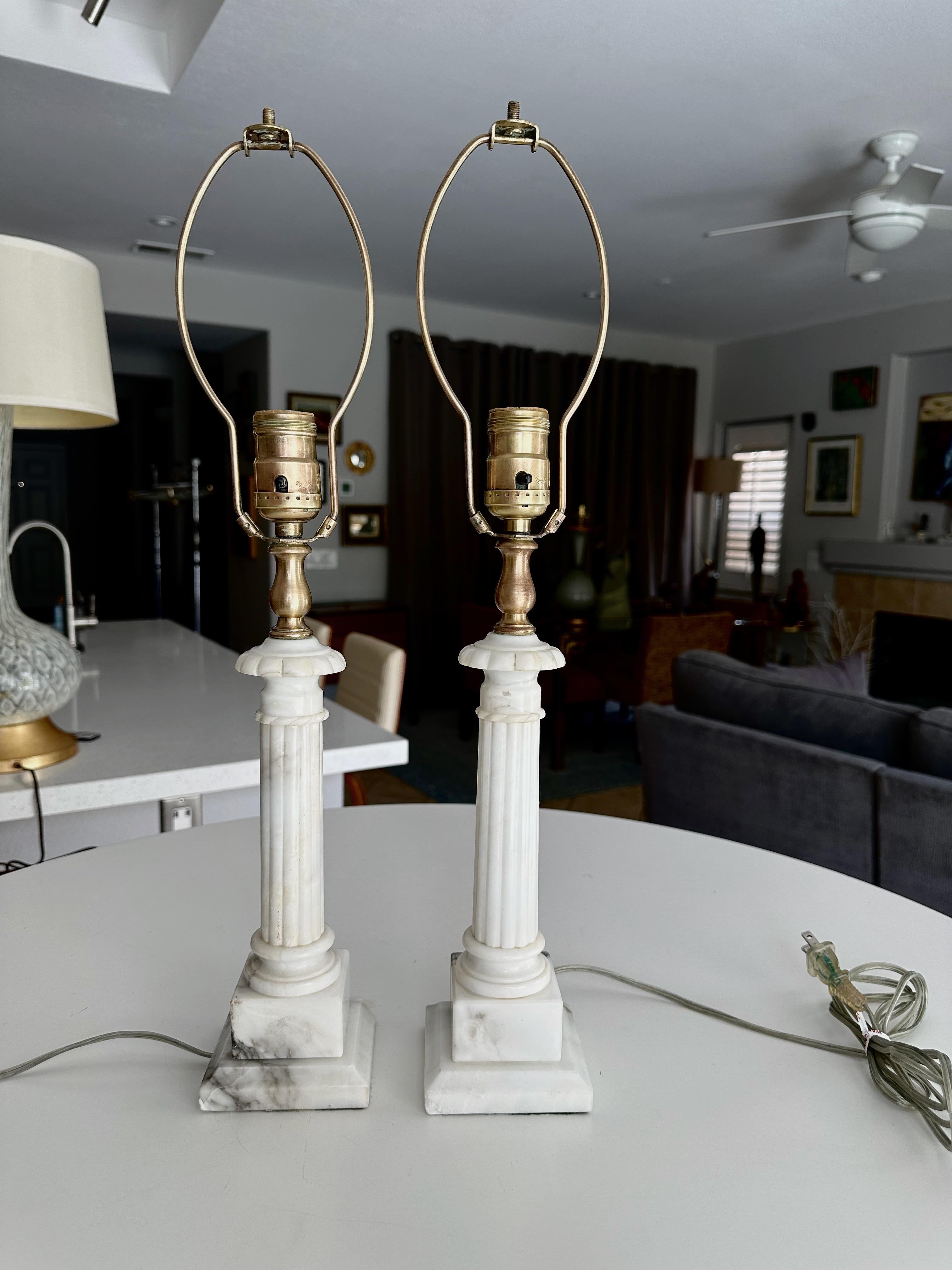 Pair Diminutive Column Neoclassic Alabaster Table Lamps For Sale 10