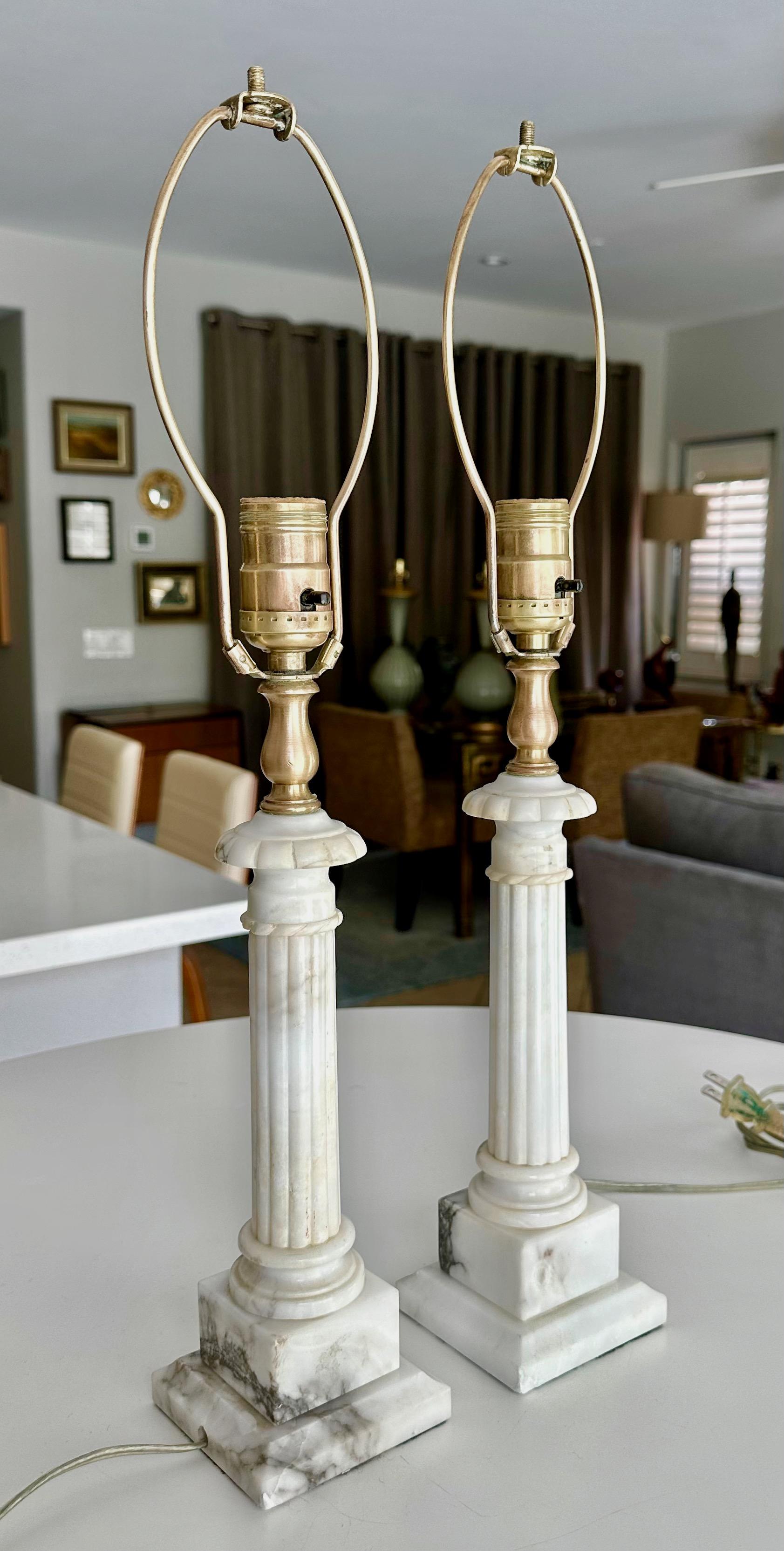 Classical Greek Pair Diminutive Column Neoclassic Alabaster Table Lamps For Sale