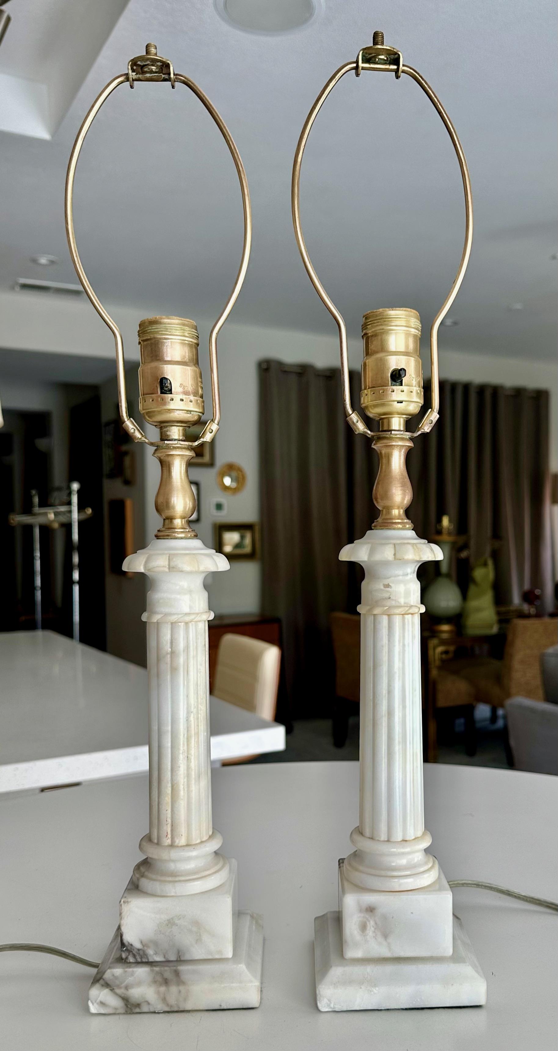 Italian Pair Diminutive Column Neoclassic Alabaster Table Lamps For Sale
