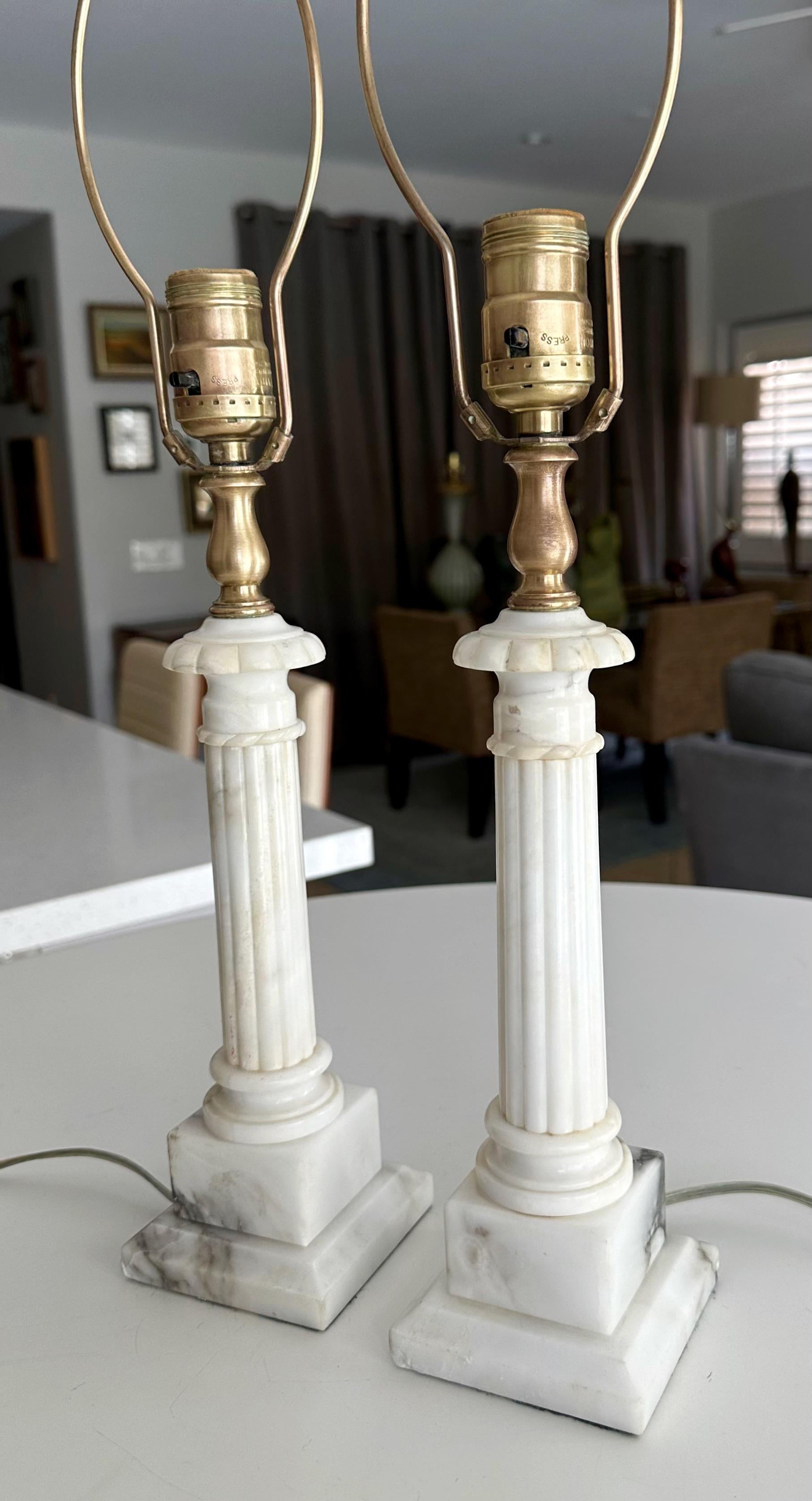 Pair Diminutive Column Neoclassic Alabaster Table Lamps In Good Condition For Sale In Palm Springs, CA