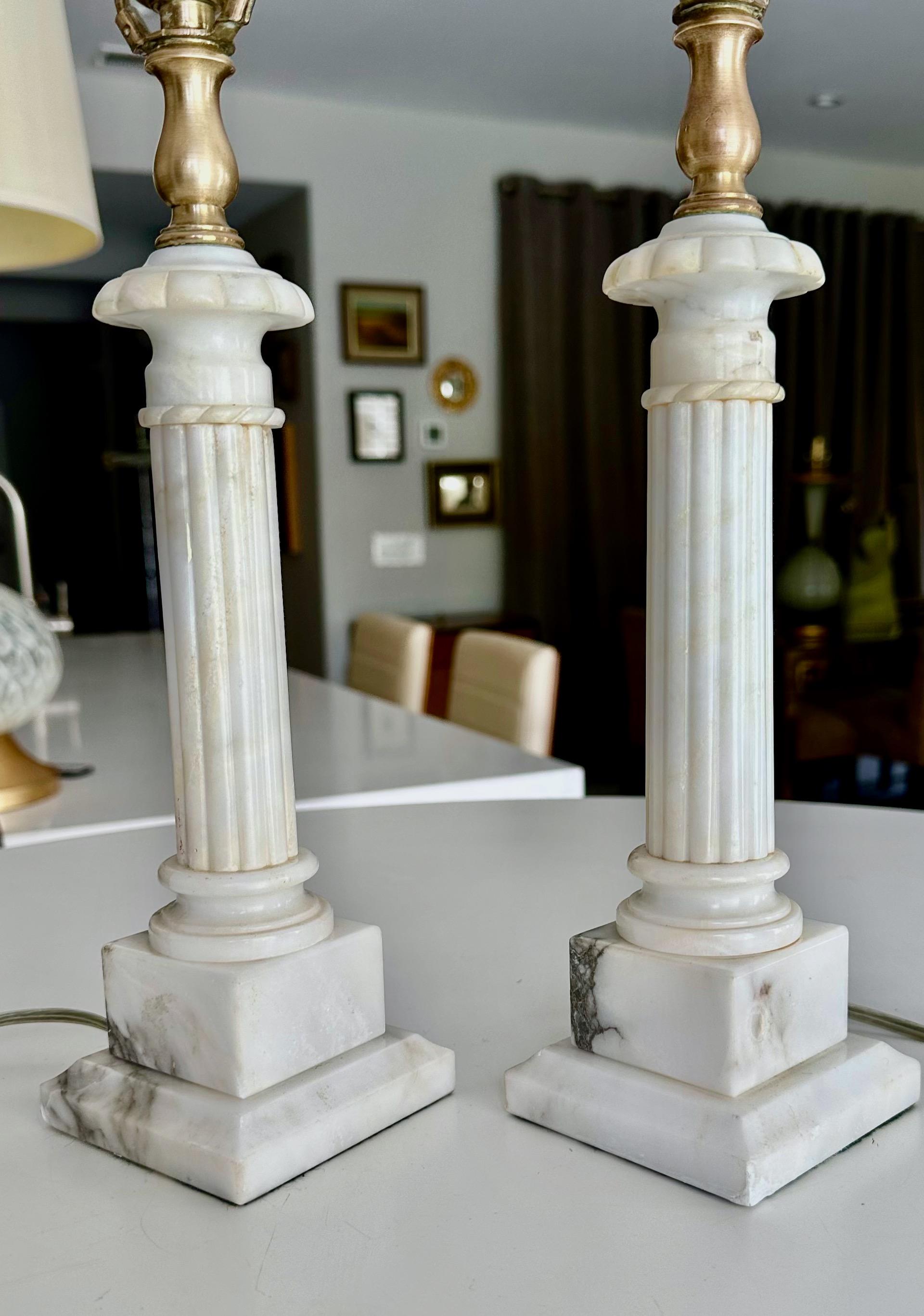Mid-20th Century Pair Diminutive Column Neoclassic Alabaster Table Lamps For Sale
