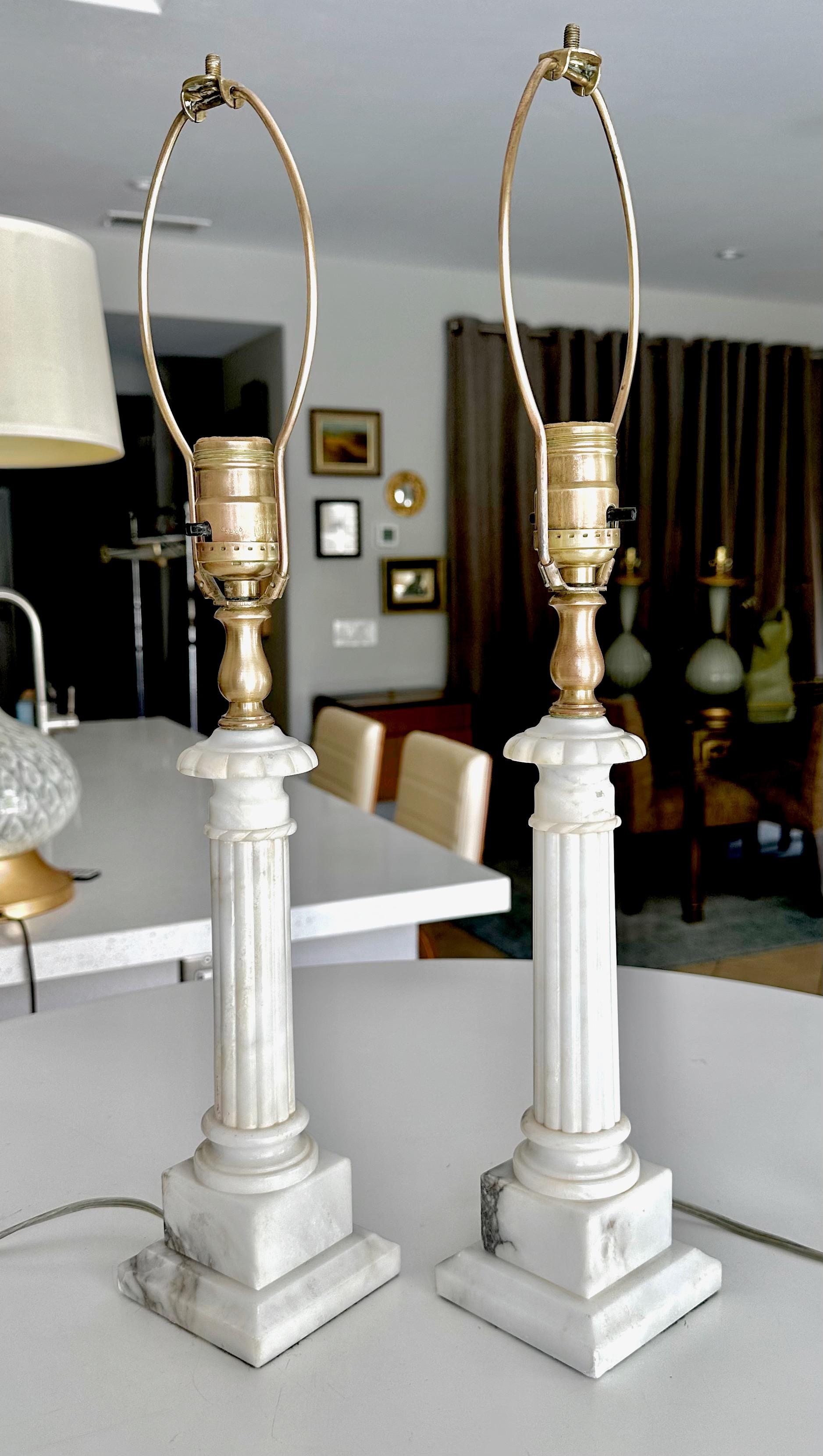 Brass Pair Diminutive Column Neoclassic Alabaster Table Lamps For Sale