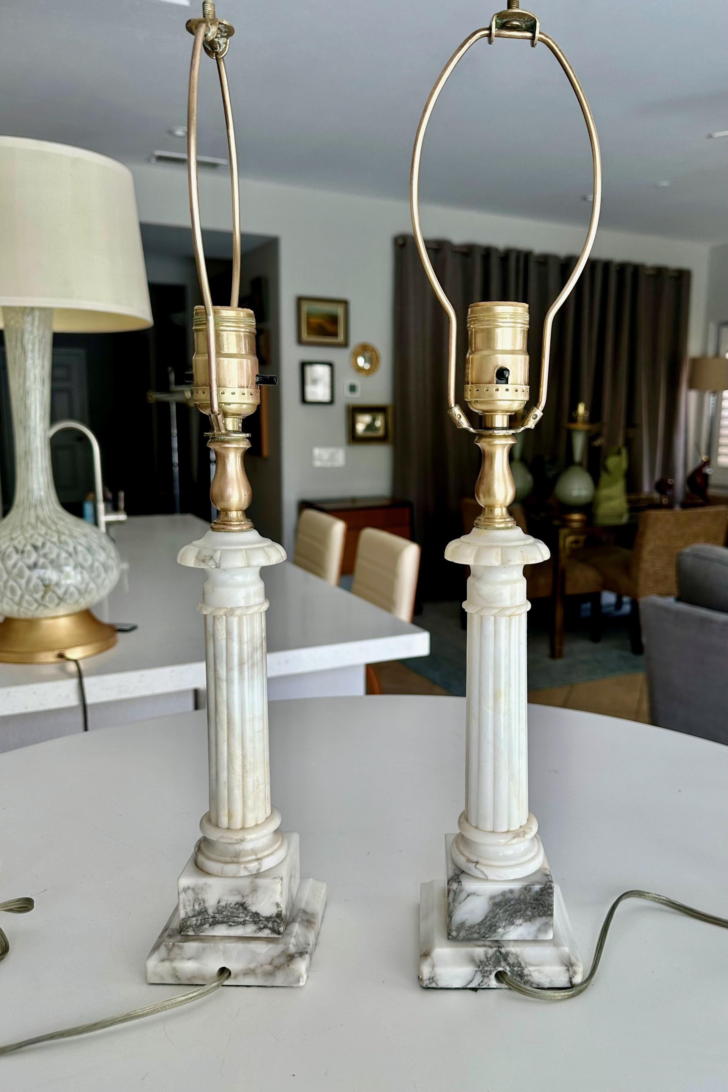 Pair Diminutive Column Neoclassic Alabaster Table Lamps For Sale 1