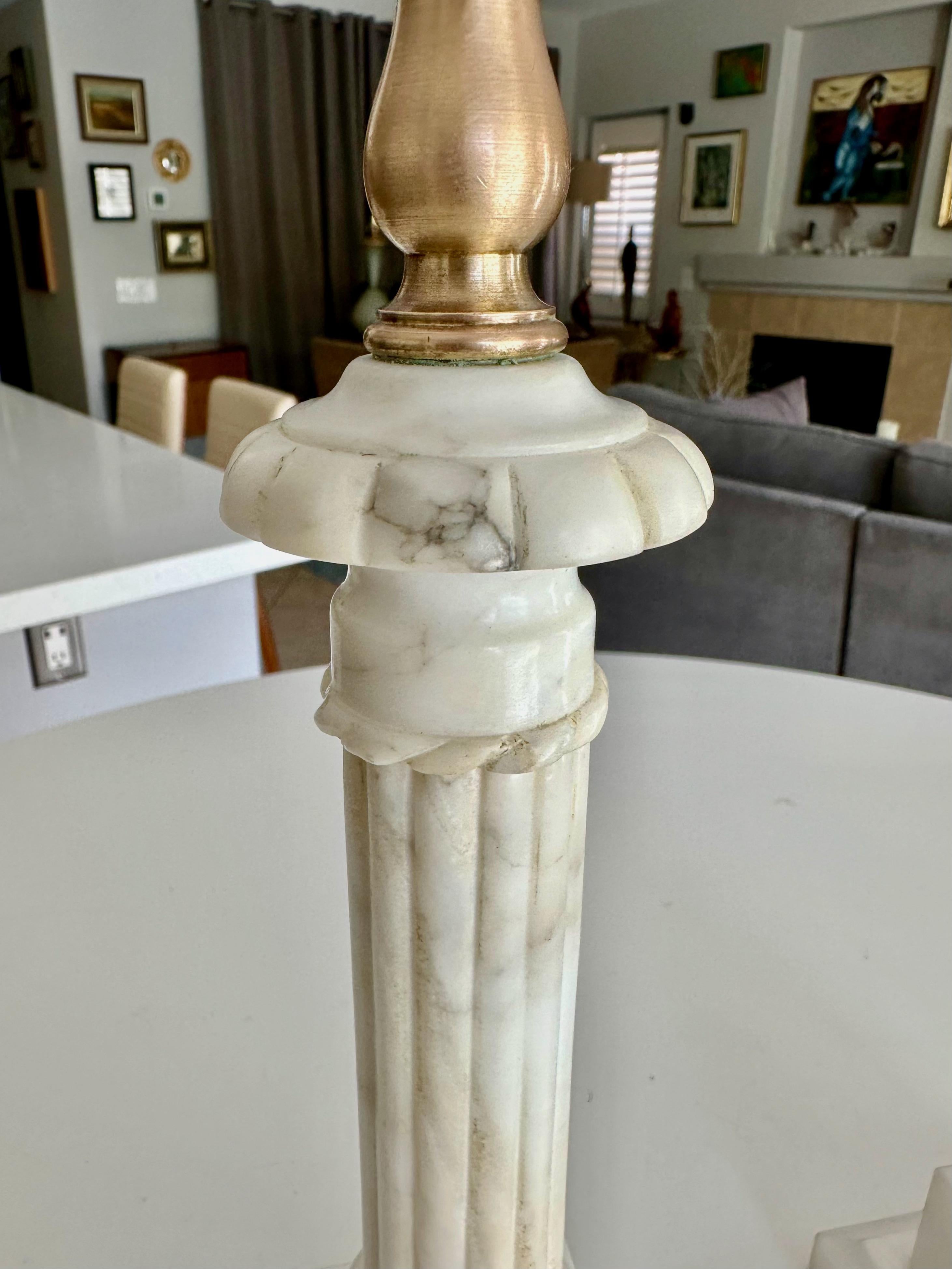 Pair Diminutive Column Neoclassic Alabaster Table Lamps For Sale 2
