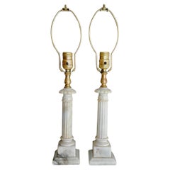 Pair Diminutive Column Neoclassic Alabaster Table Lamps