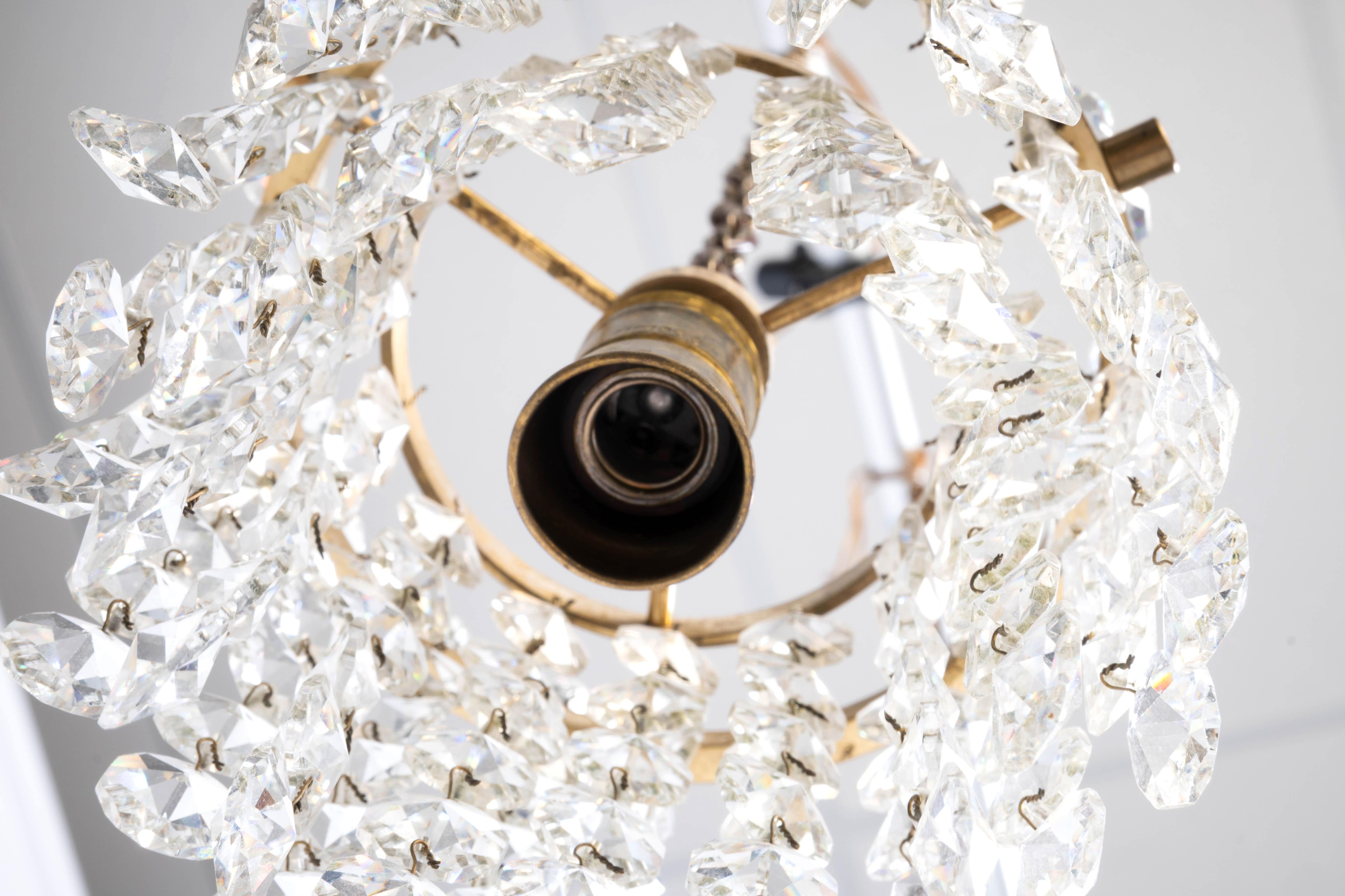 Pair Diminutive Swedish Crystal And Brass Pendant Lights C.1920 For Sale 5