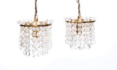 Pair Diminutive Swedish Crystal And Brass Pendant Lights C.1920