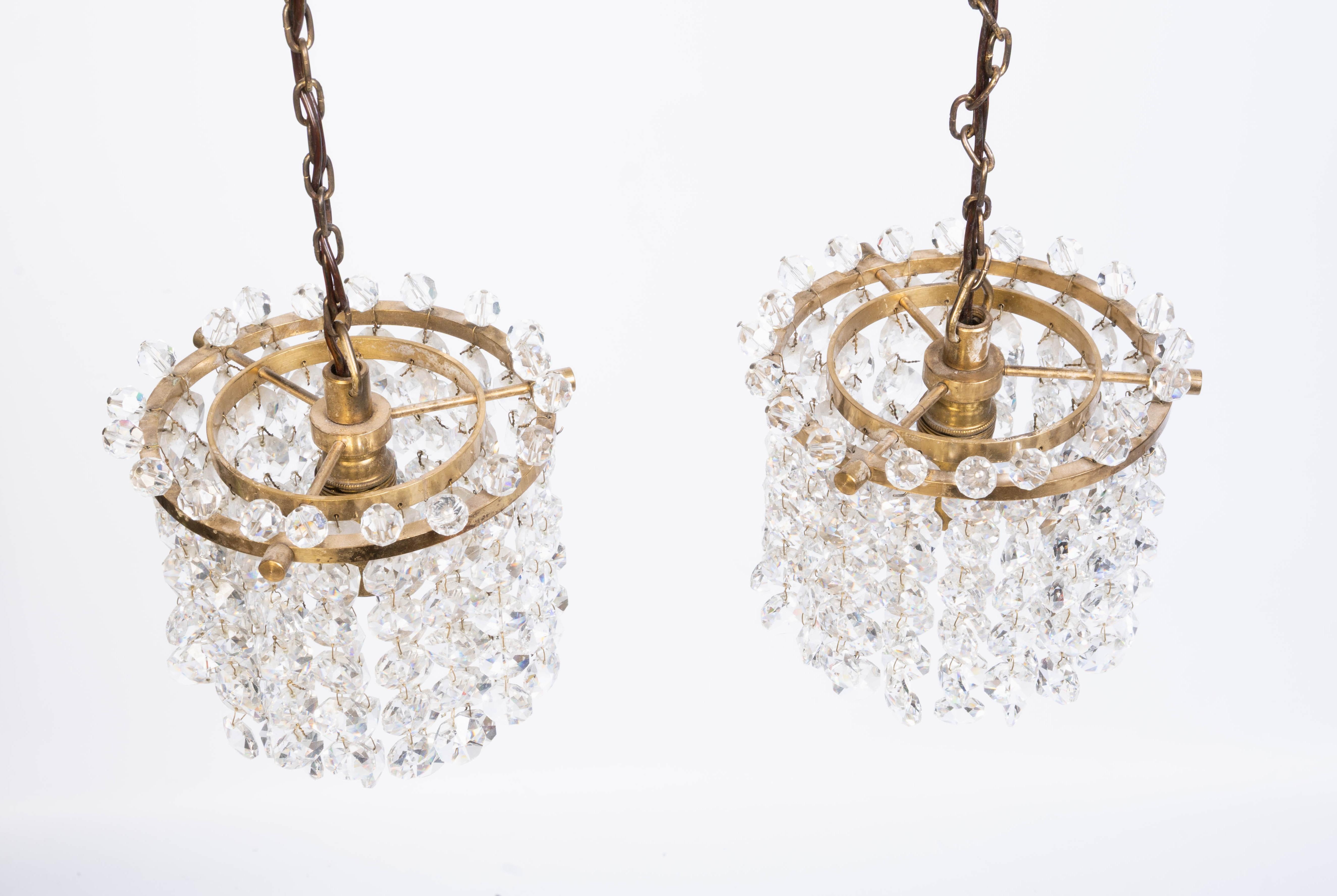 Art Deco Pair Diminutive Swedish Crystal And Brass Pendant Lights C.1920 For Sale