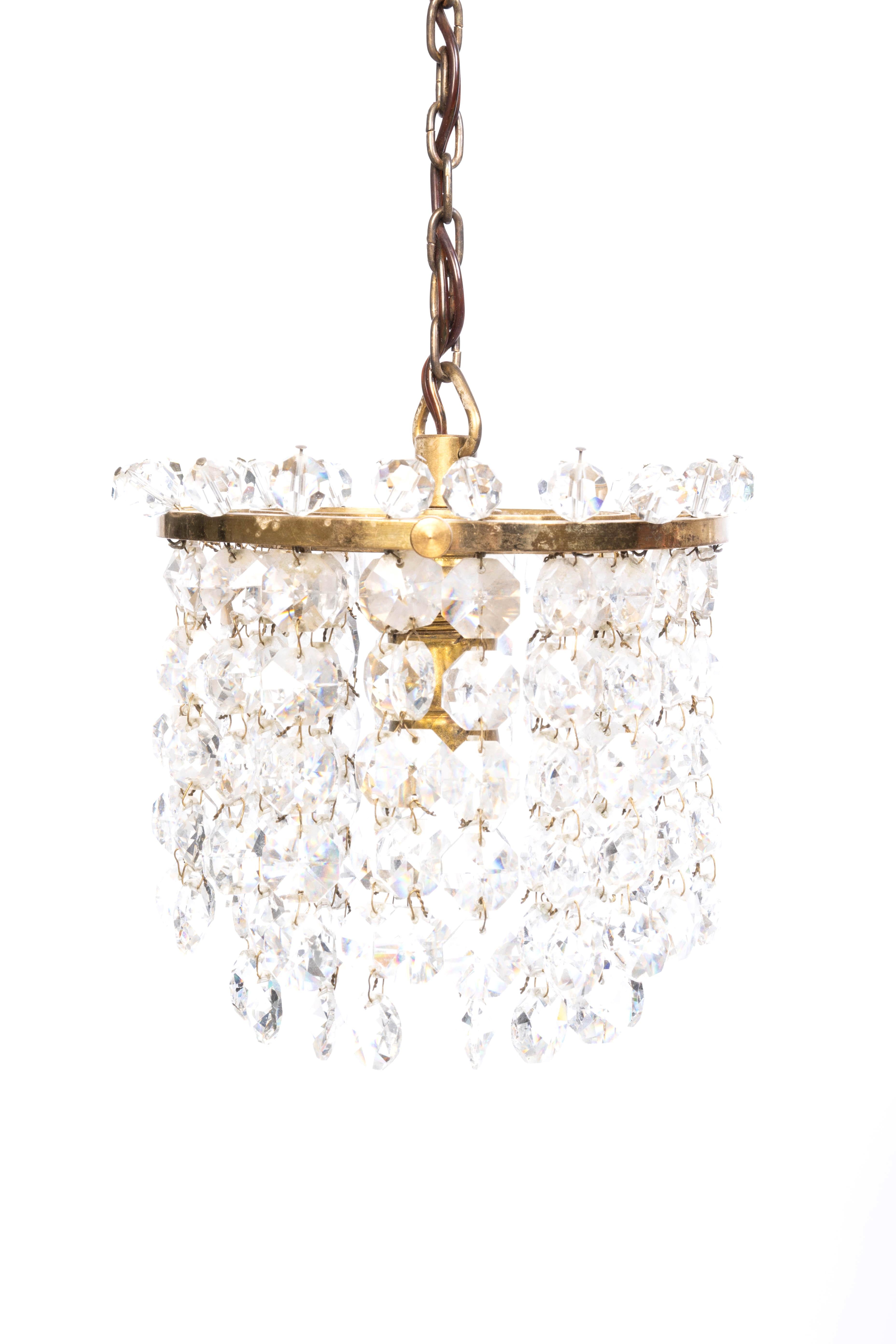 20th Century Pair Diminutive Swedish Crystal And Brass Pendant Lights C.1920 For Sale