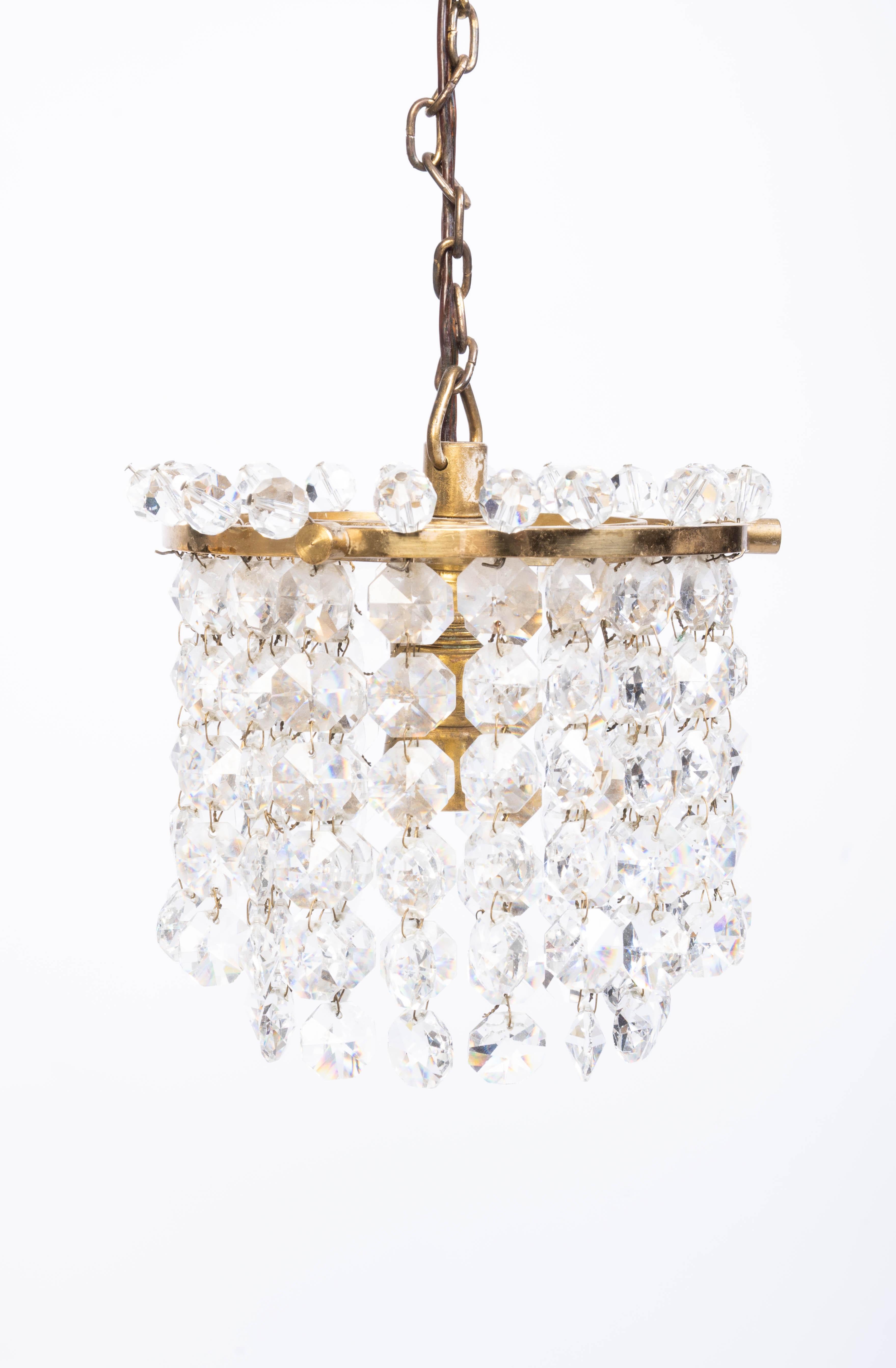 Pair Diminutive Swedish Crystal And Brass Pendant Lights C.1920 For Sale 1