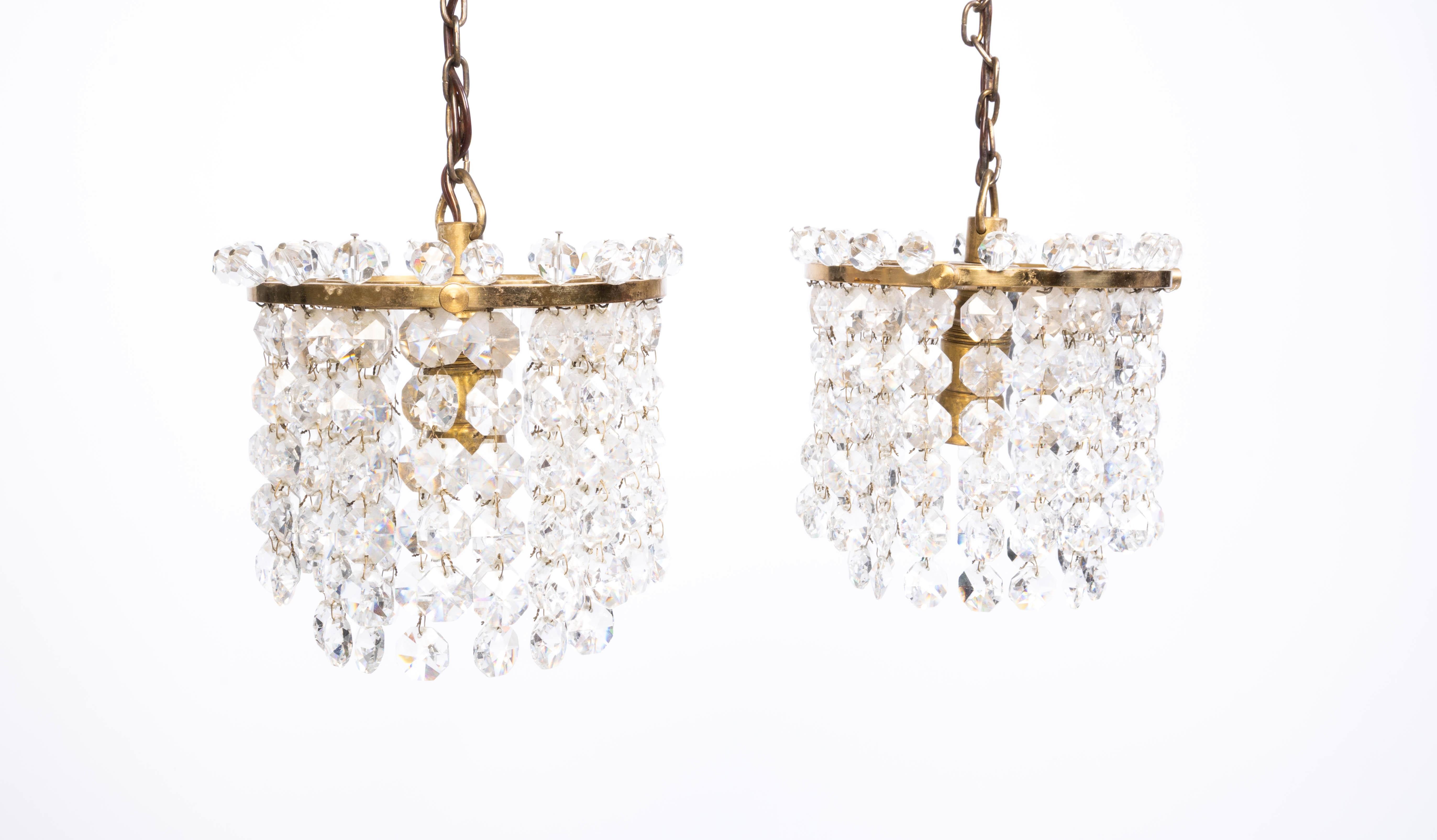 Pair Diminutive Swedish Crystal And Brass Pendant Lights C.1920 For Sale 2